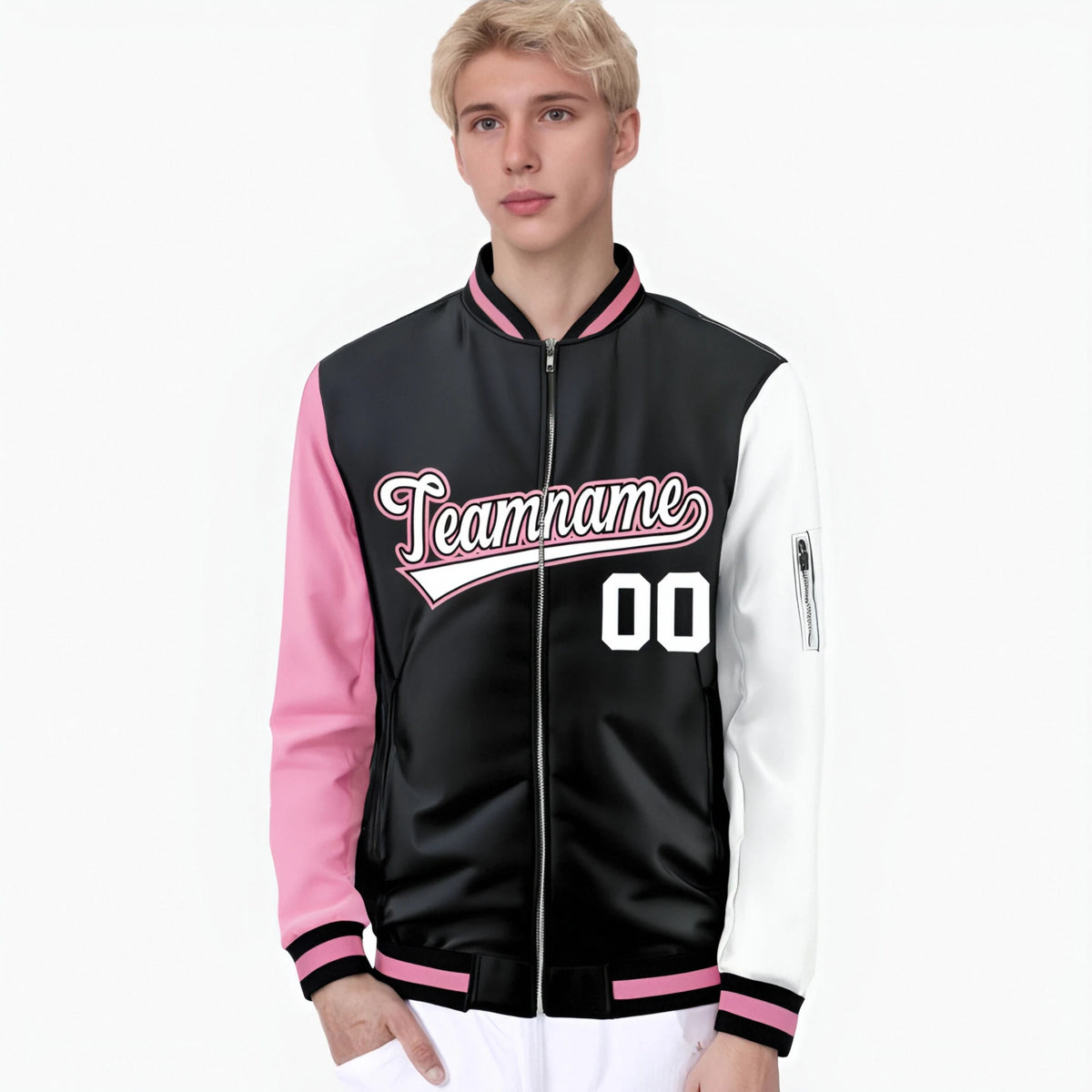 Custom Black White-Light Pink Varsity Full-Zip Raglan Sleeves Letterman Bomber Jacket
