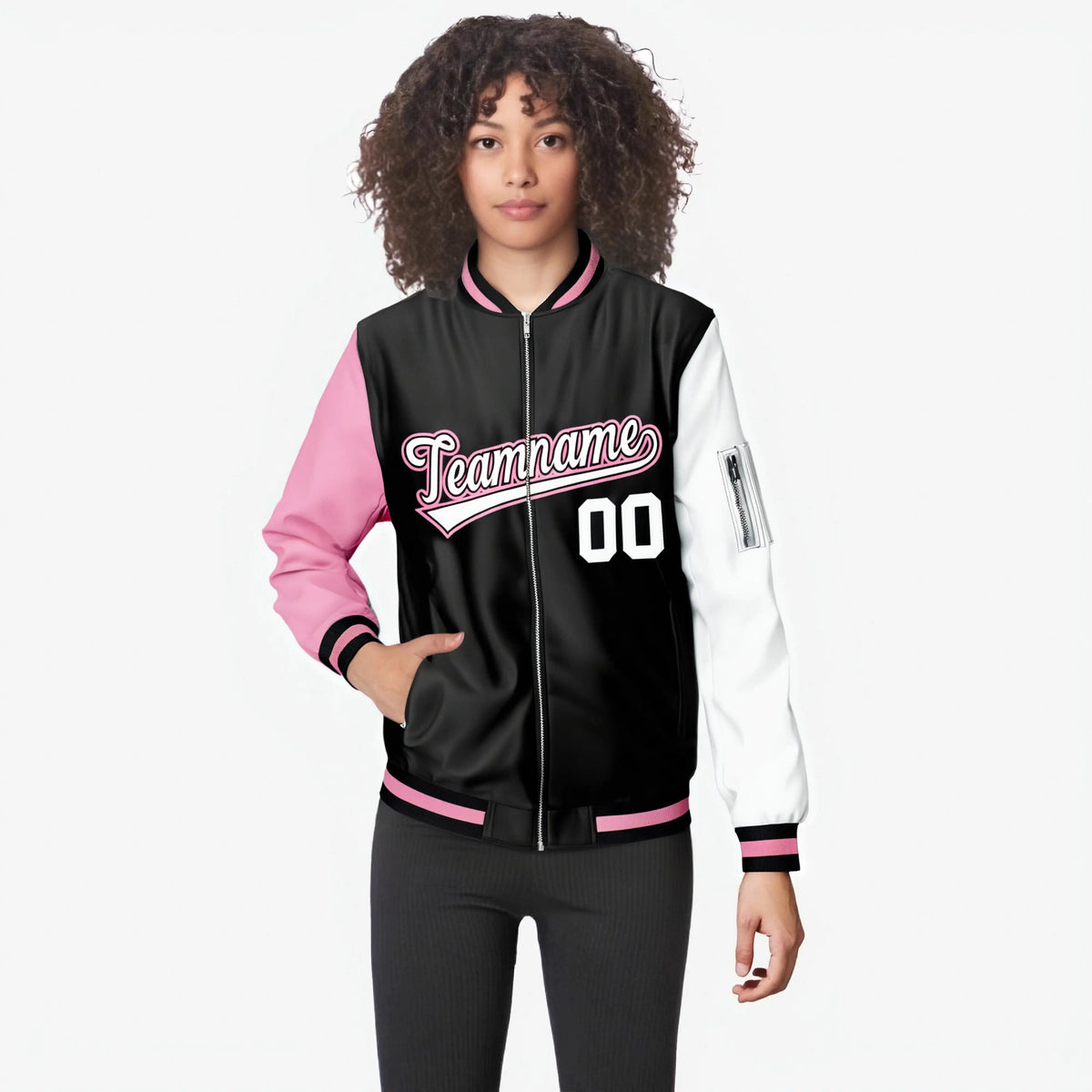 Custom Black White-Light Pink Varsity Full-Zip Raglan Sleeves Letterman Bomber Jacket