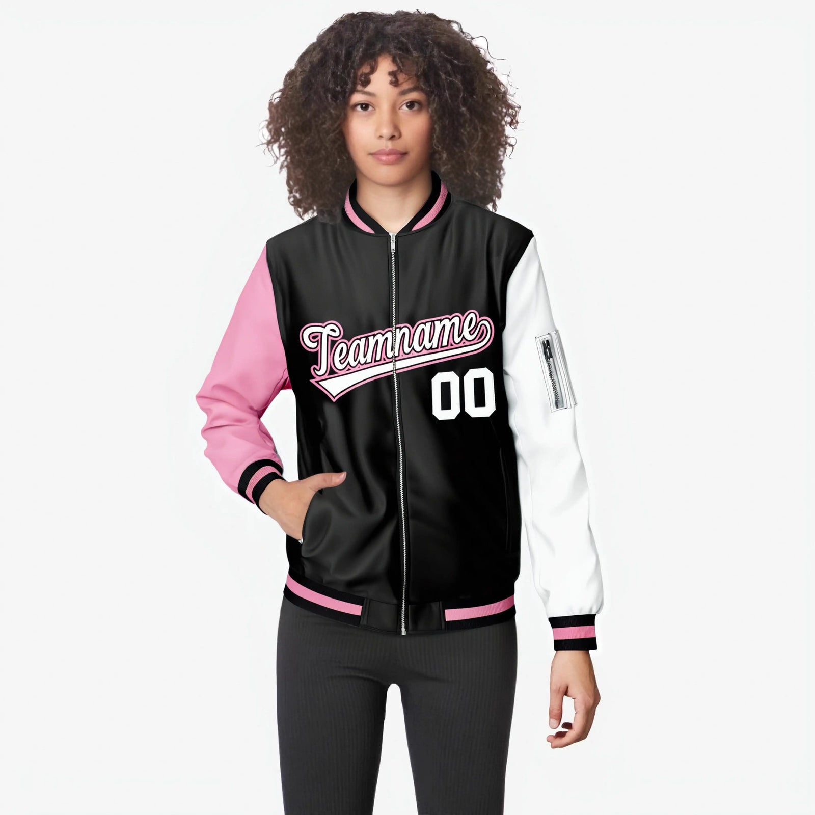 Custom Black White-Light Pink Varsity Full-Zip Raglan Sleeves Letterman Bomber Jacket