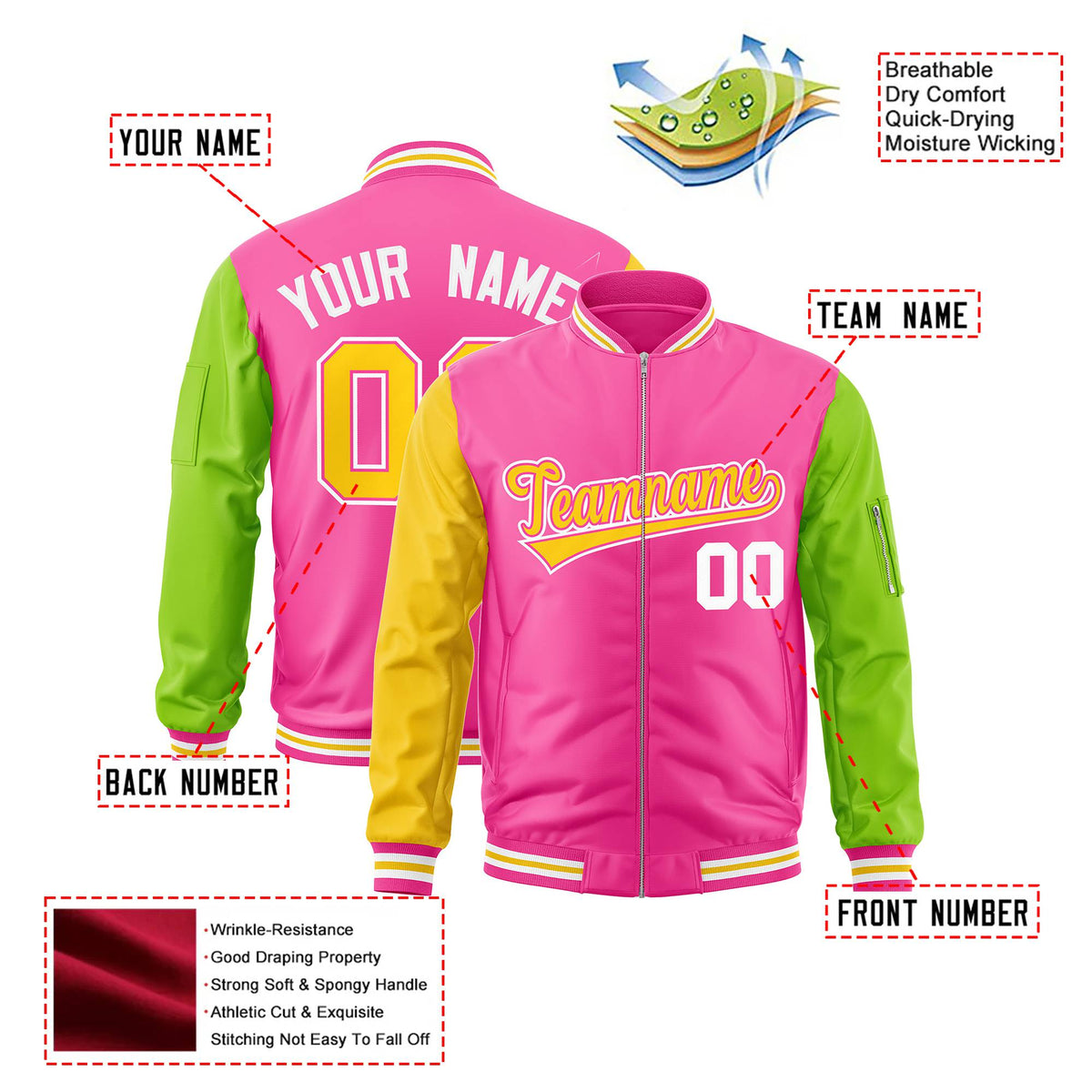 Custom Pink Neon Green-Gold Varsity Full-Zip Raglan Sleeves Letterman Bomber Jacket