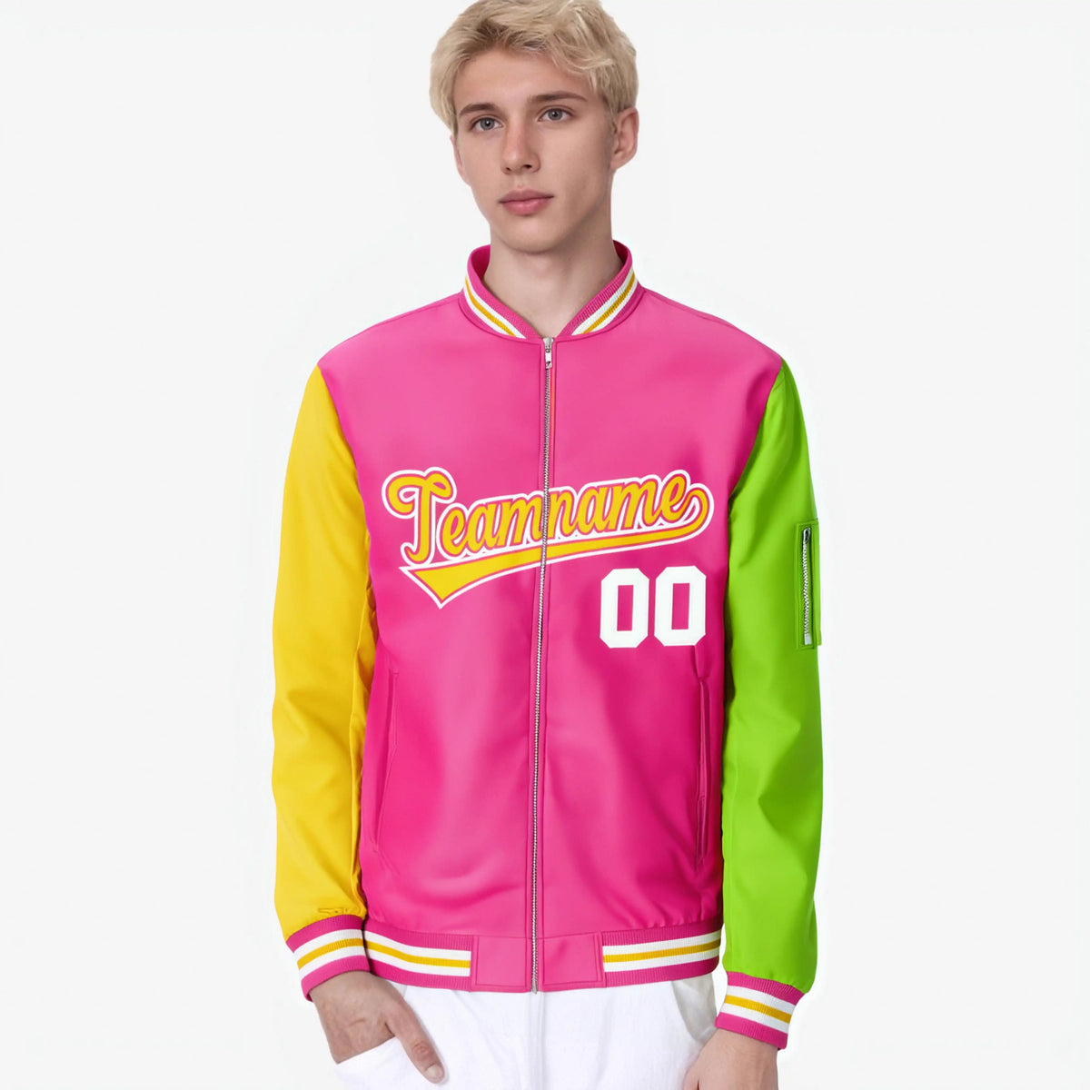 Custom Pink Neon Green-Gold Varsity Full-Zip Raglan Sleeves Letterman Bomber Jacket