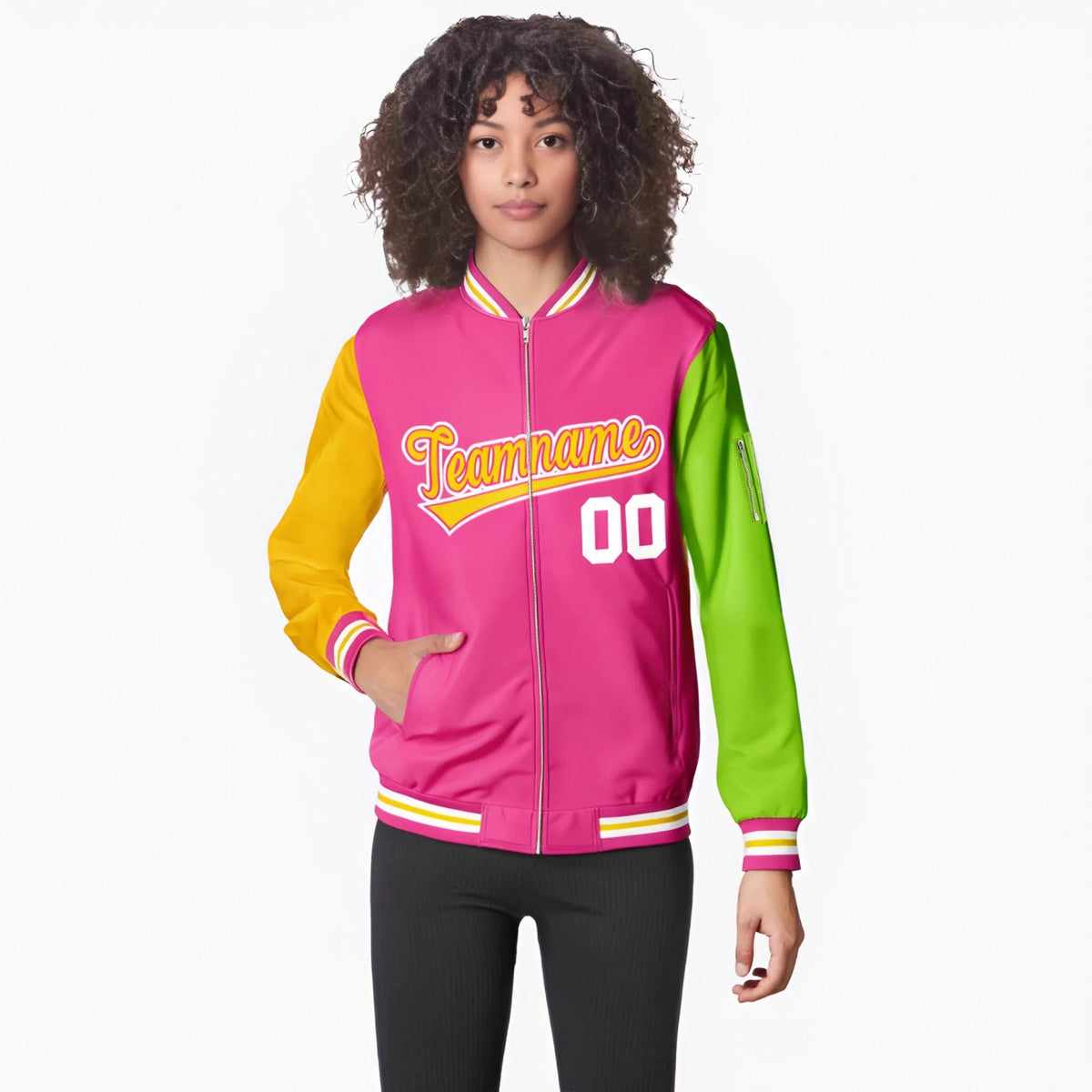 Custom Pink Neon Green-Gold Varsity Full-Zip Raglan Sleeves Letterman Bomber Jacket