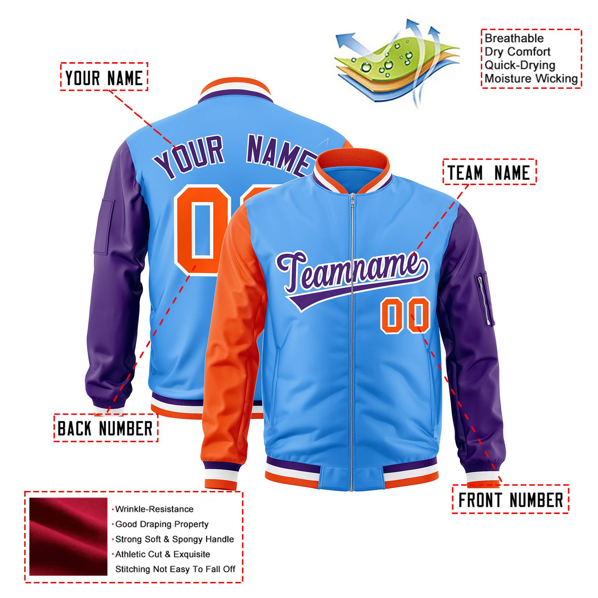 Custom Powder Blue Purple-Orange Varsity Full-Zip Raglan Sleeves Letterman Bomber Jacket