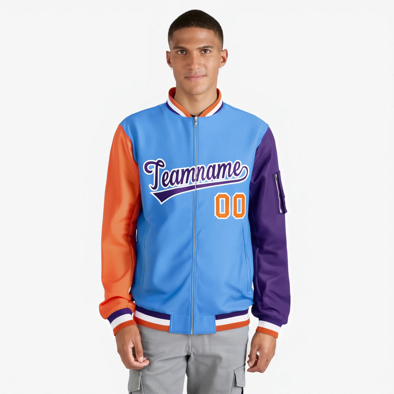 Custom Powder Blue Purple-Orange Varsity Full-Zip Raglan Sleeves Letterman Bomber Jacket
