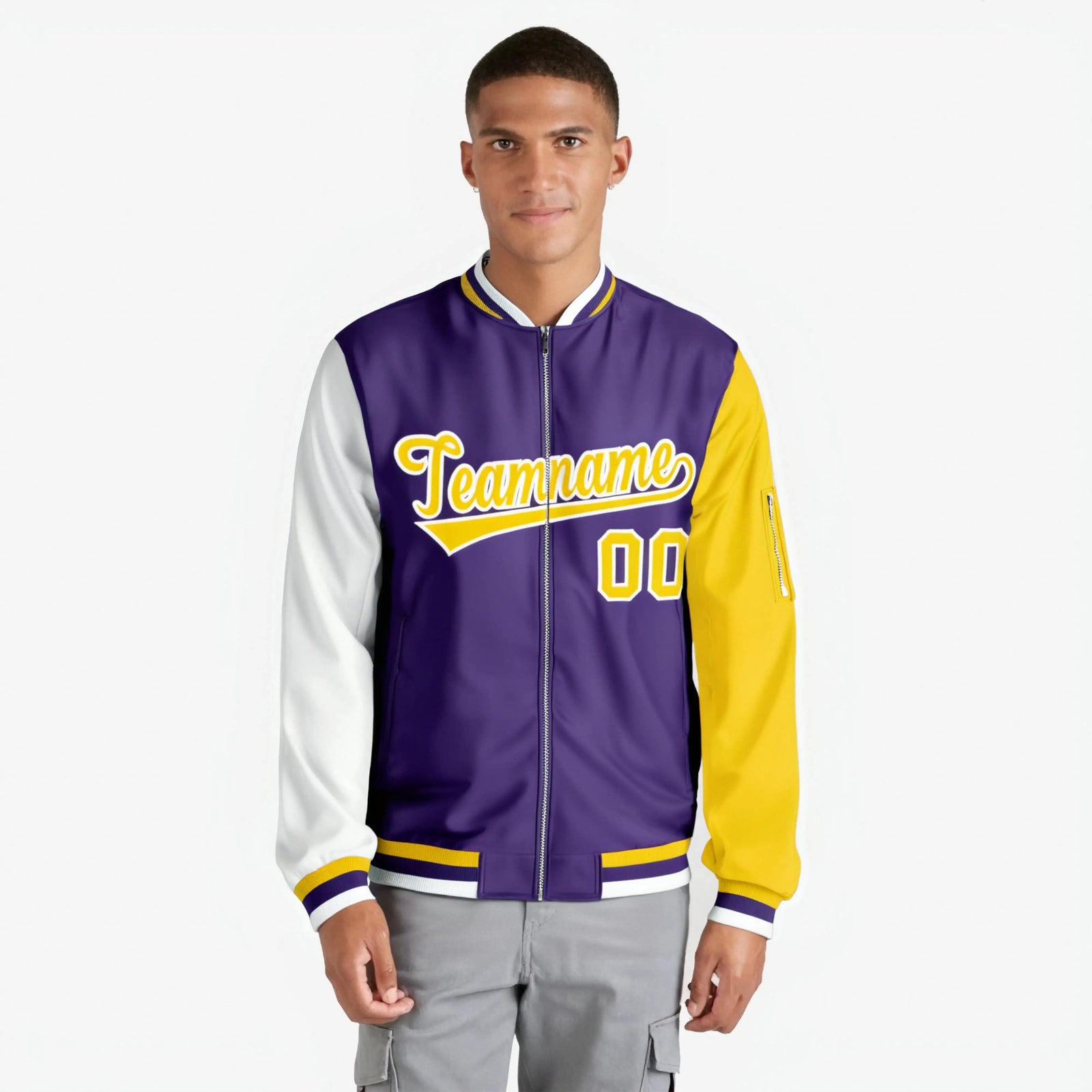 Custom Purple Gold-White Varsity Full-Zip Raglan Sleeves Letterman Bomber Jacket
