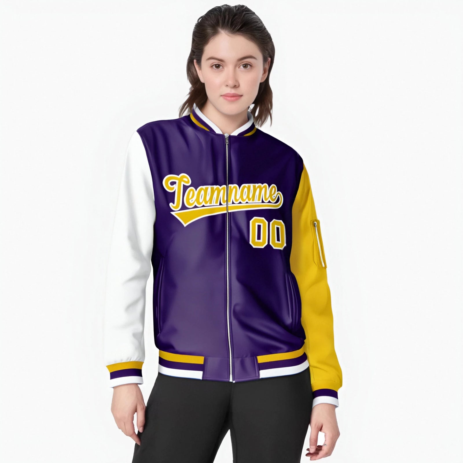 Custom Purple Gold-White Varsity Full-Zip Raglan Sleeves Letterman Bomber Jacket