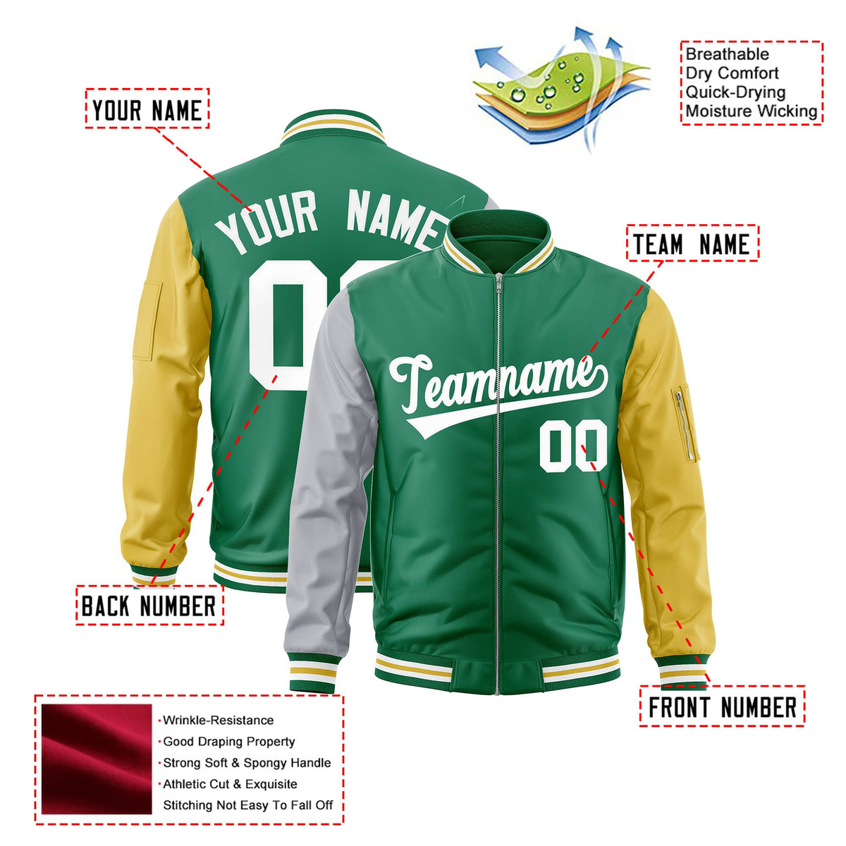 Custom Kelly Green Gold-Gray Varsity Full-Zip Raglan Sleeves Letterman Bomber Jacket