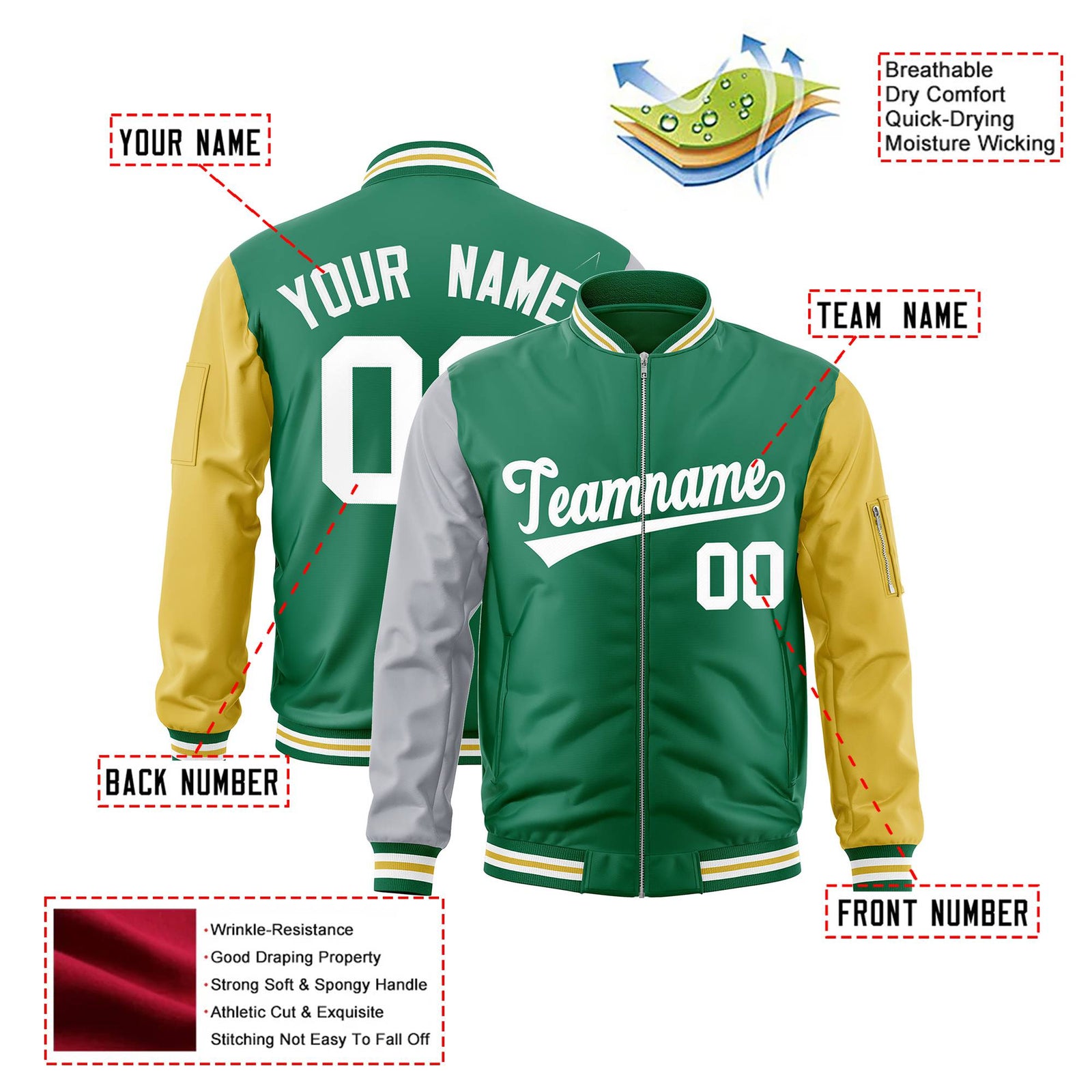 Custom Kelly Green Gold-Gray Varsity Full-Zip Raglan Sleeves Letterman Bomber Jacket