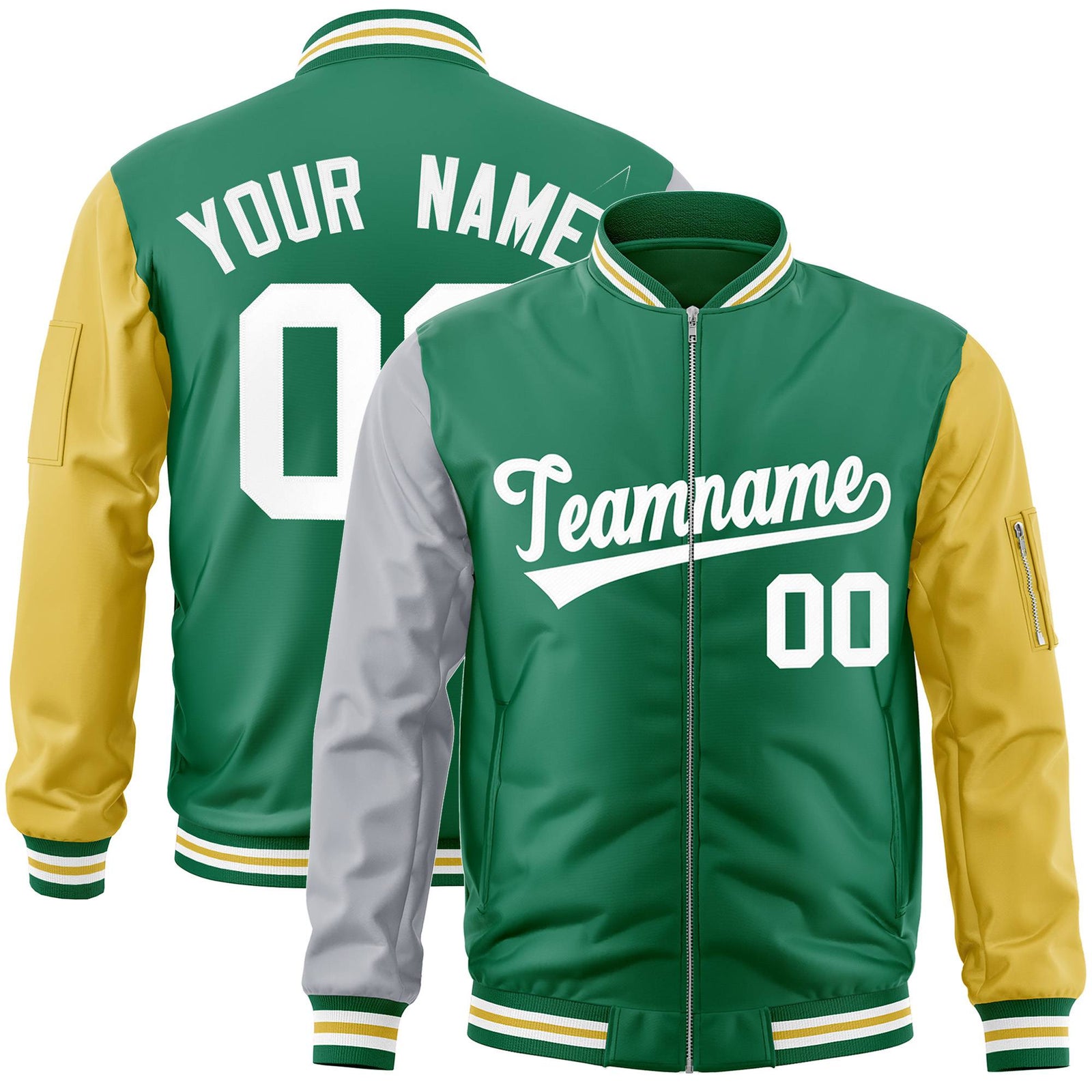 Custom Kelly Green Gold-Gray Varsity Full-Zip Raglan Sleeves Letterman Bomber Jacket