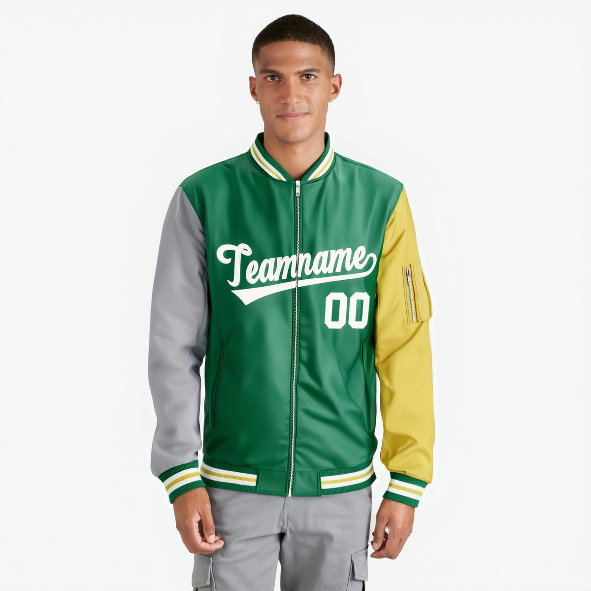 Custom Kelly Green Gold-Gray Varsity Full-Zip Raglan Sleeves Letterman Bomber Jacket