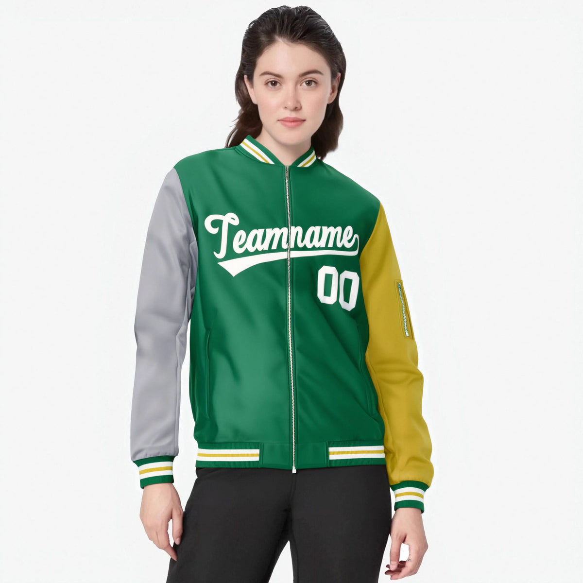 Custom Kelly Green Gold-Gray Varsity Full-Zip Raglan Sleeves Letterman Bomber Jacket