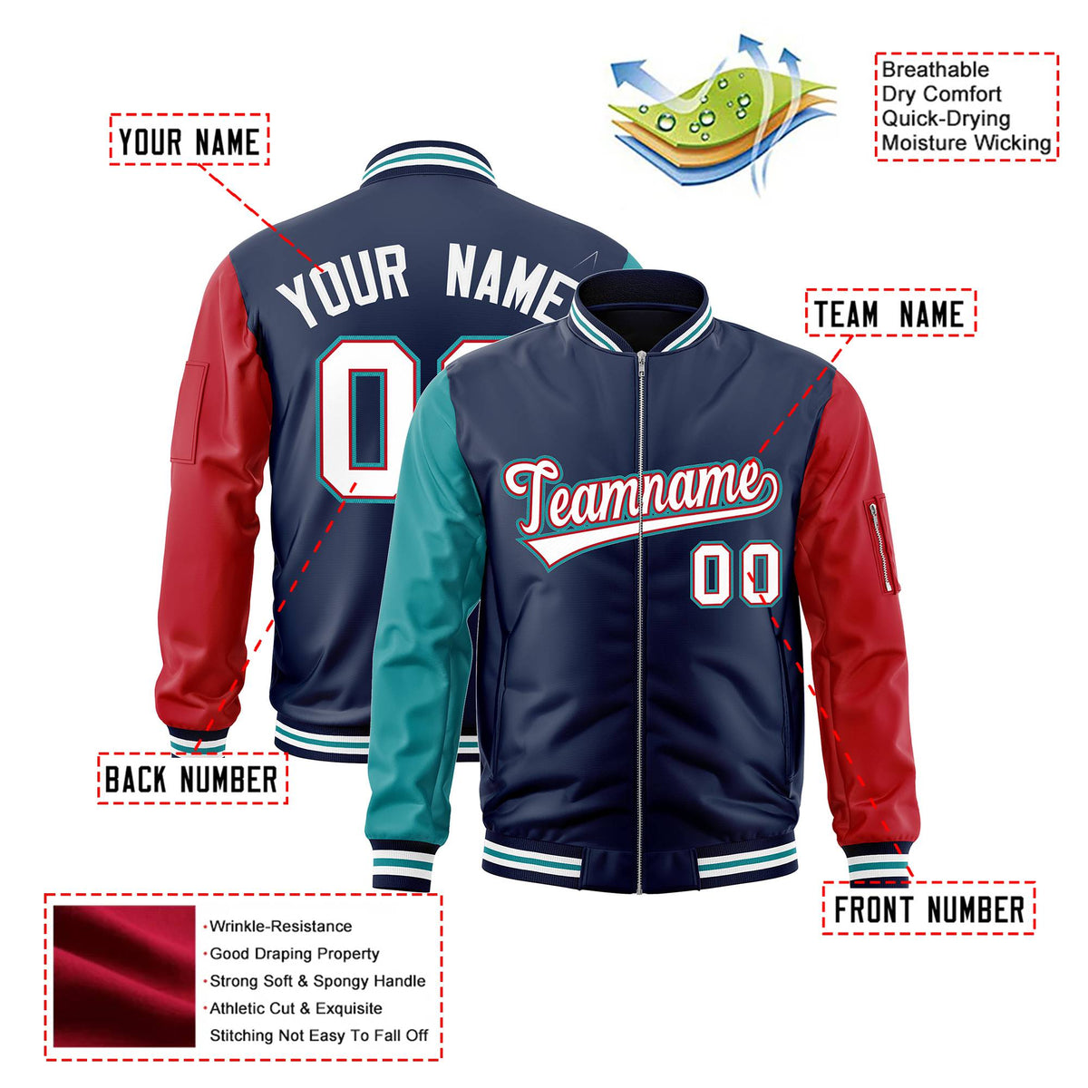 Custom Navy Red-Aqua Varsity Full-Zip Raglan Sleeves Letterman Bomber Jacket