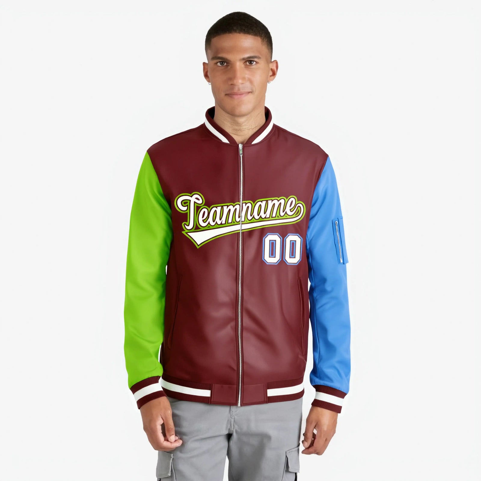 Custom Crimson Powder Blue-Neon Green Varsity Full-Zip Raglan Sleeves Letterman Bomber Jacket