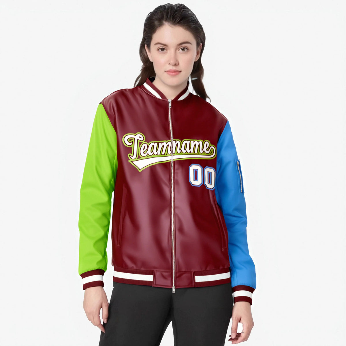 Custom Crimson Powder Blue-Neon Green Varsity Full-Zip Raglan Sleeves Letterman Bomber Jacket