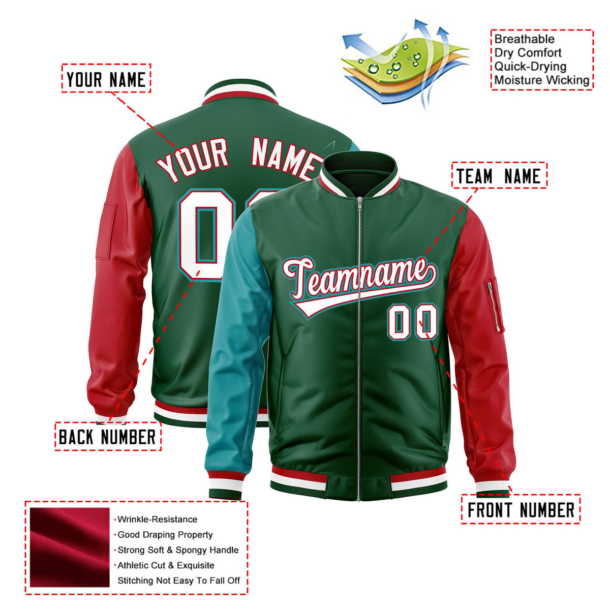 Custom Green Red-Aqua Varsity Full-Zip Raglan Sleeves Letterman Bomber Jacket