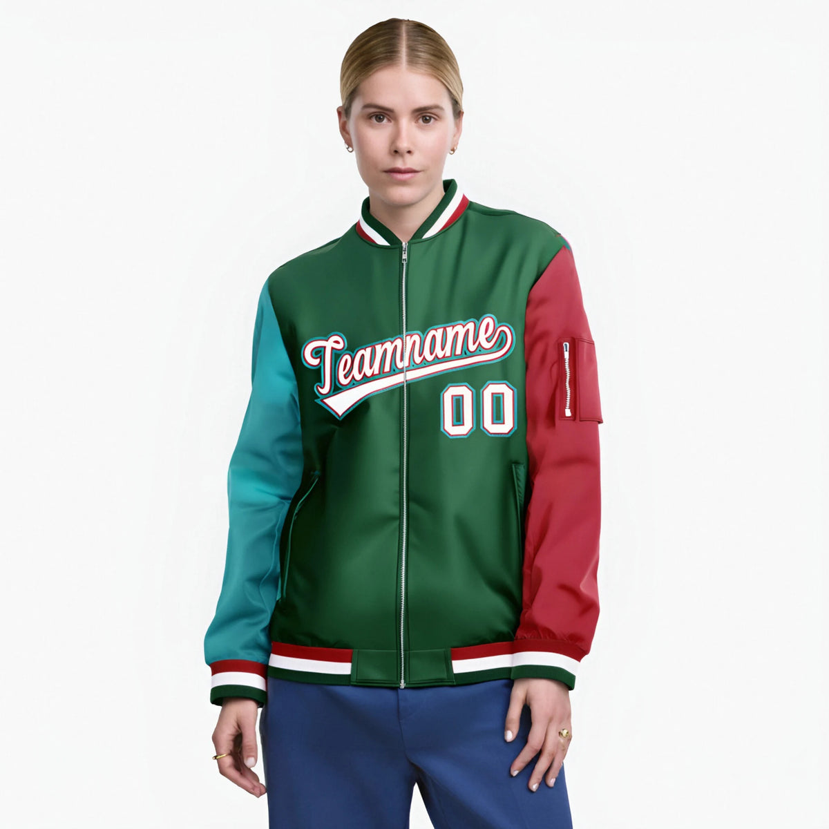 Custom Green Red-Aqua Varsity Full-Zip Raglan Sleeves Letterman Bomber Jacket