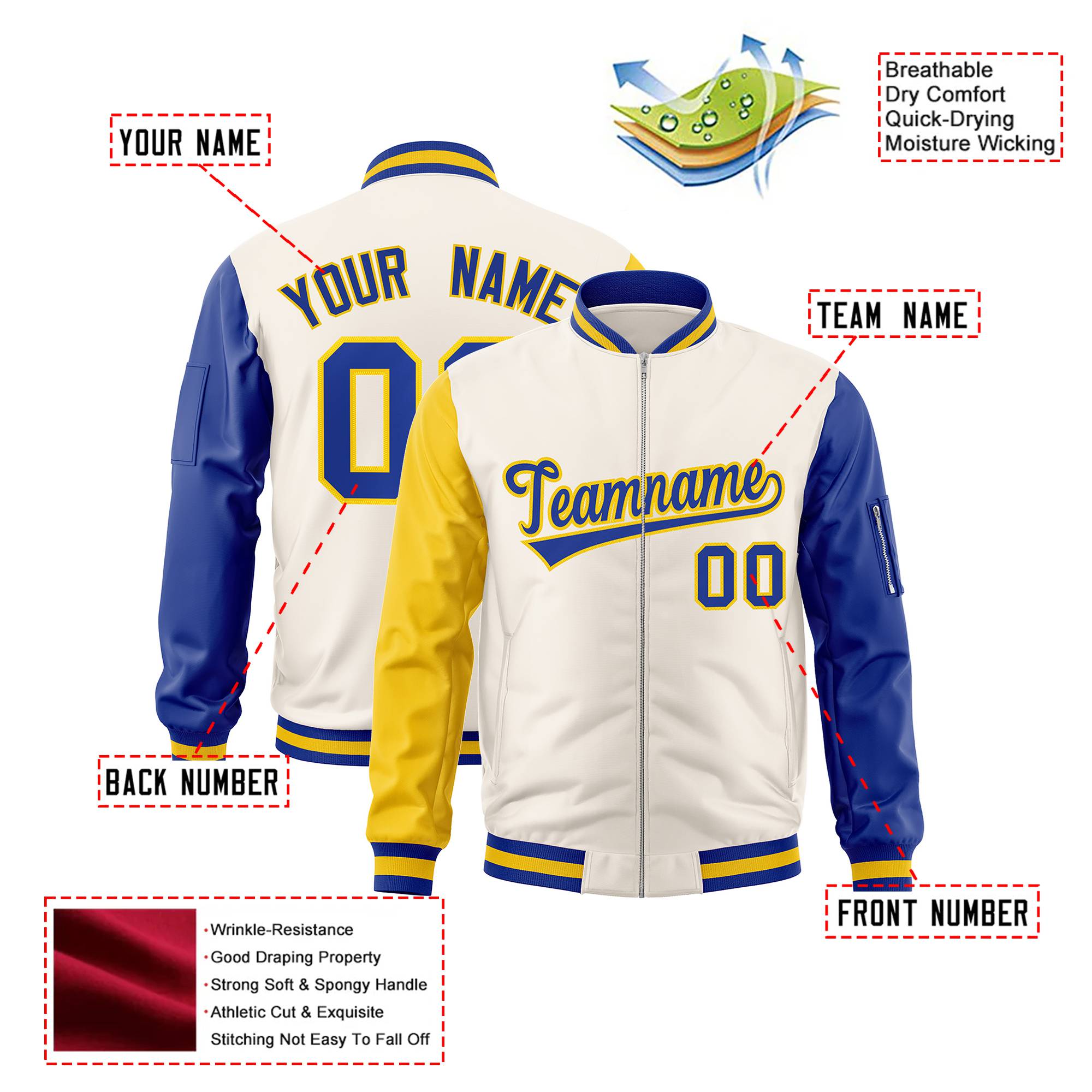 Custom Cream Royal Blue-Gold Varsity Full-Zip Raglan Sleeves Letterman Bomber Jacket