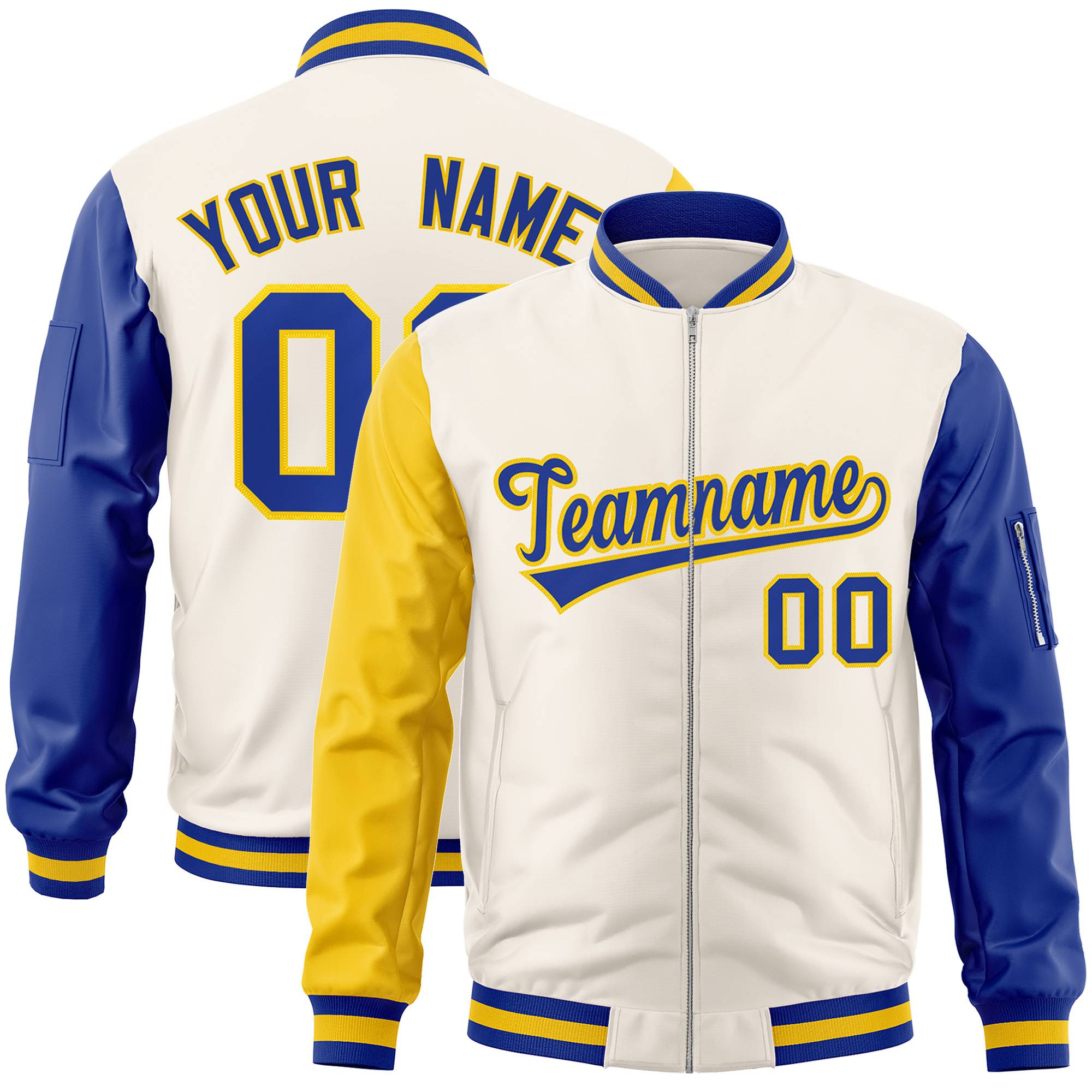 Custom Cream Royal Blue-Gold Varsity Full-Zip Raglan Sleeves Letterman Bomber Jacket