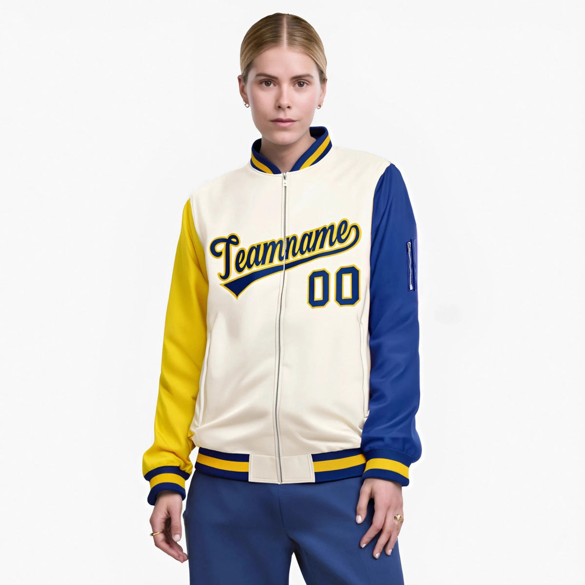 Custom Cream Royal Blue-Gold Varsity Full-Zip Raglan Sleeves Letterman Bomber Jacket