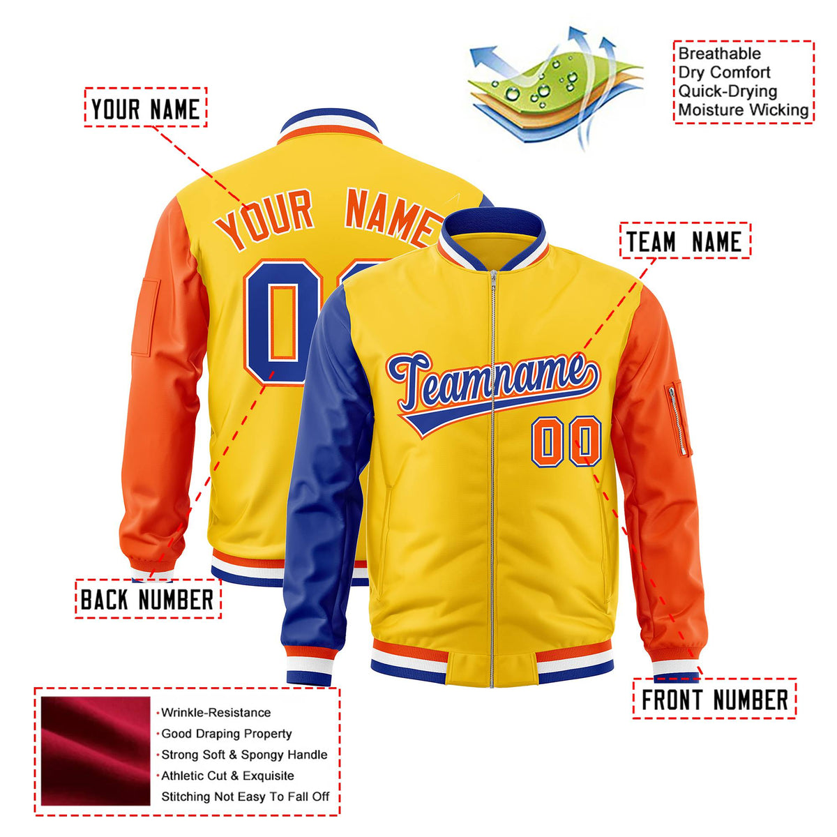 Custom Gold Orange-Royal Blue Varsity Full-Zip Raglan Sleeves Letterman Bomber Jacket