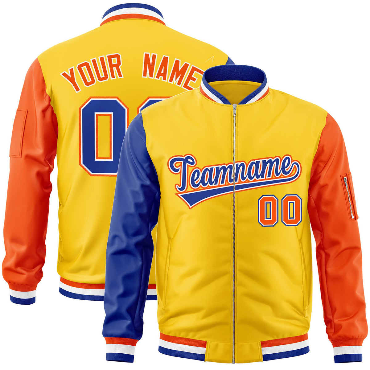 Custom Gold Orange-Royal Blue Varsity Full-Zip Raglan Sleeves Letterman Bomber Jacket