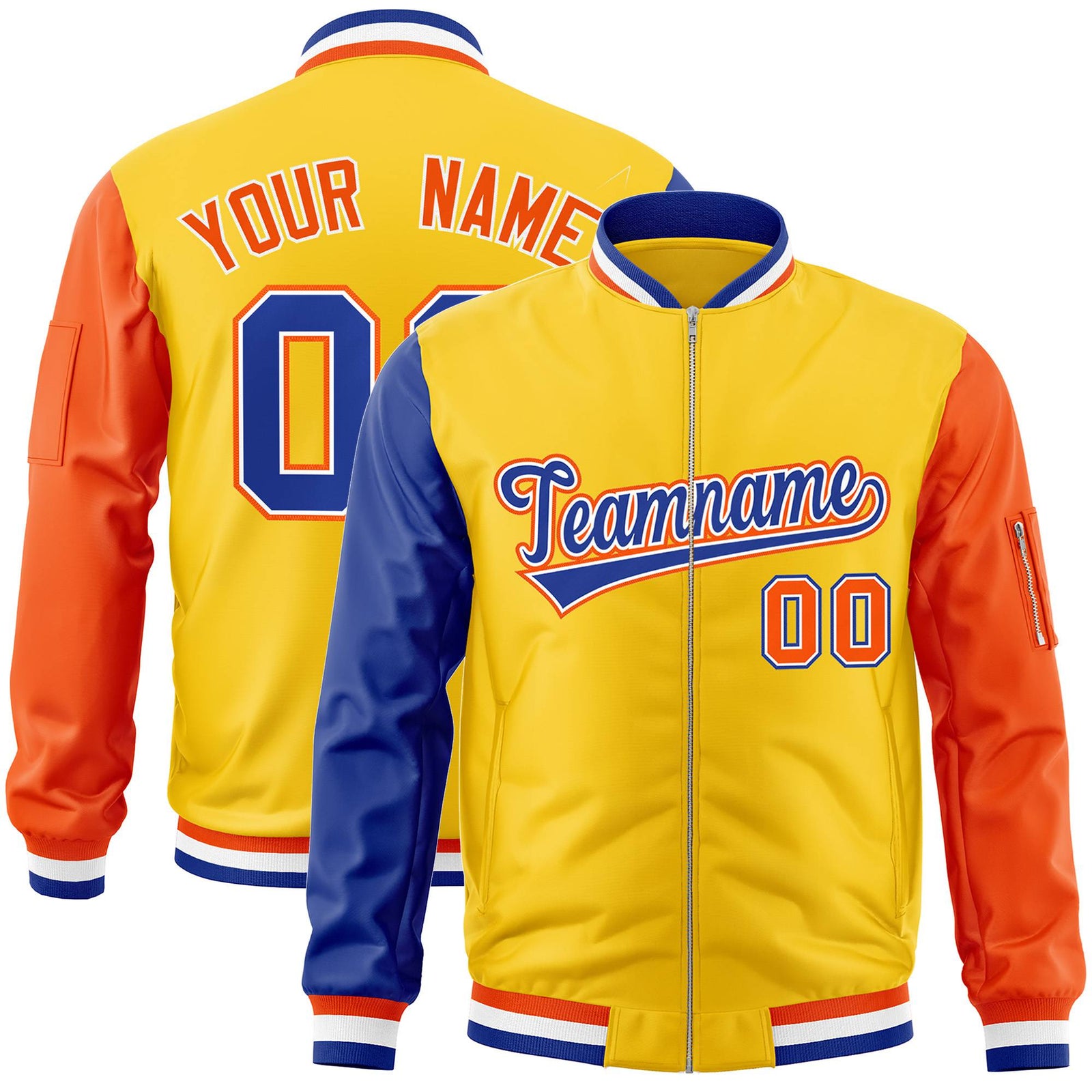 Custom Gold Orange-Royal Blue Varsity Full-Zip Raglan Sleeves Letterman Bomber Jacket