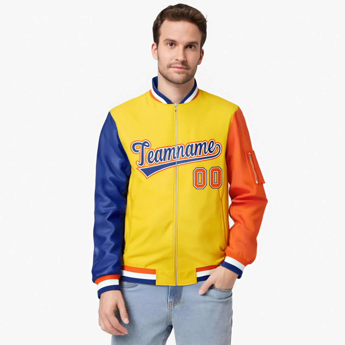 Custom Gold Orange-Royal Blue Varsity Full-Zip Raglan Sleeves Letterman Bomber Jacket