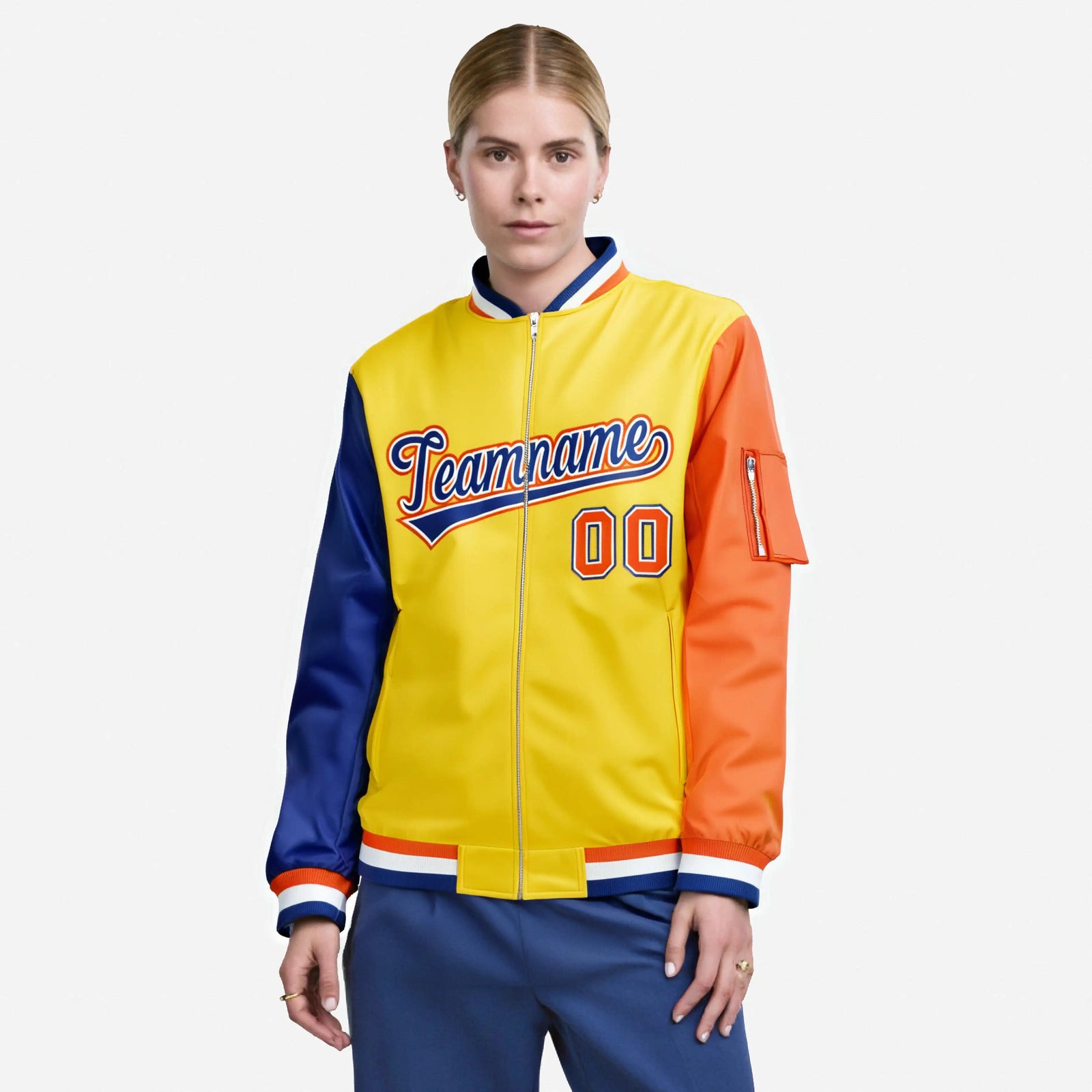 Custom Gold Orange-Royal Blue Varsity Full-Zip Raglan Sleeves Letterman Bomber Jacket