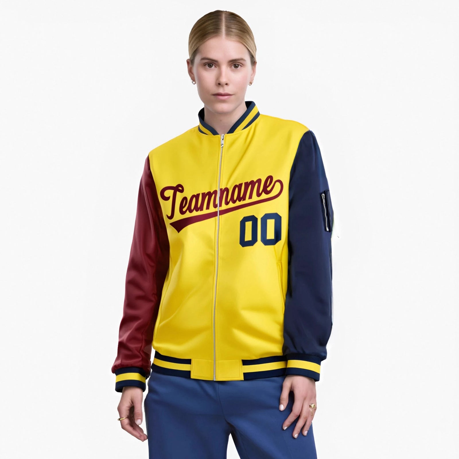 Custom Gold Navy-Crimson Varsity Full-Zip Raglan Sleeves Letterman Bomber Jacket