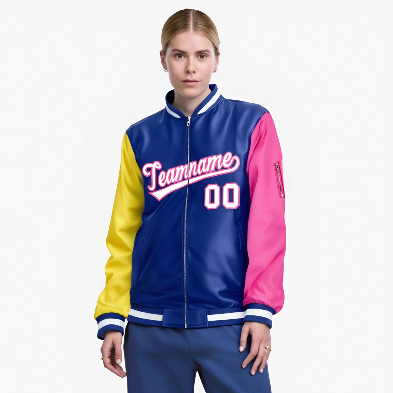 Custom Royal Blue Pink-Gold Varsity Full-Zip Raglan Sleeves Letterman Bomber Jacket