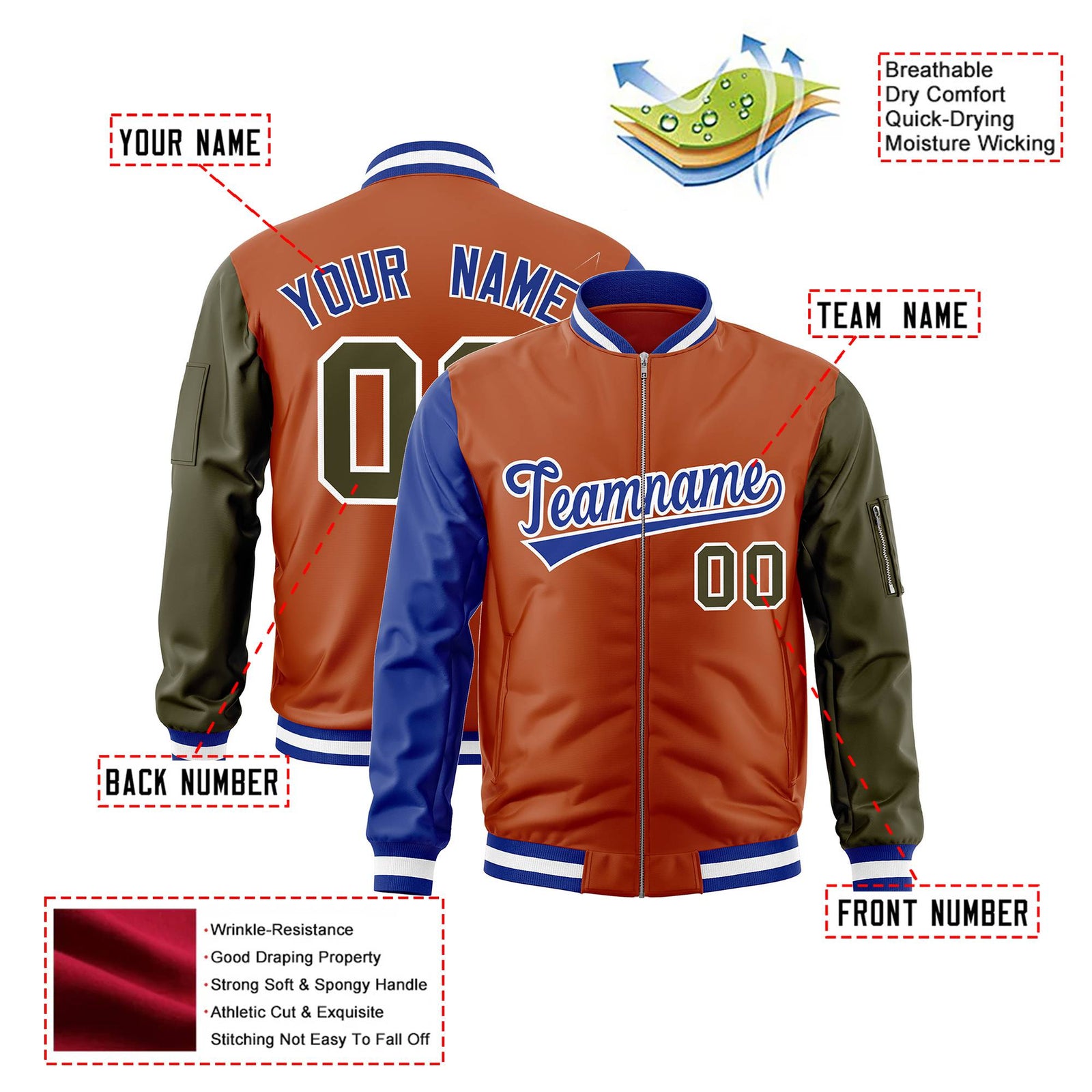 Custom Munsell Olive-Royal Blue Varsity Full-Zip Raglan Sleeves Letterman Bomber Jacket