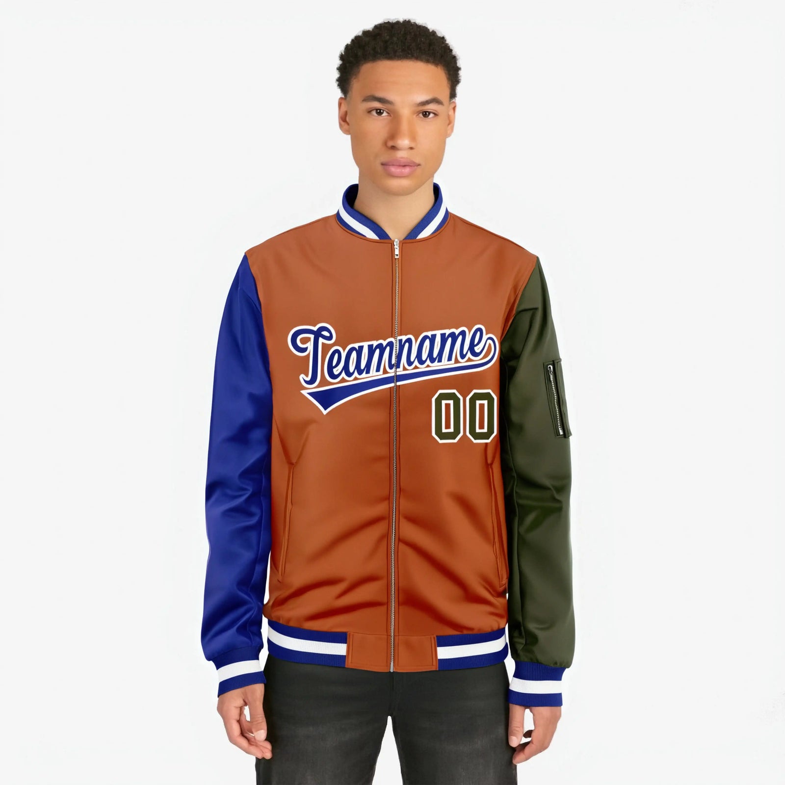 Custom Munsell Olive-Royal Blue Varsity Full-Zip Raglan Sleeves Letterman Bomber Jacket