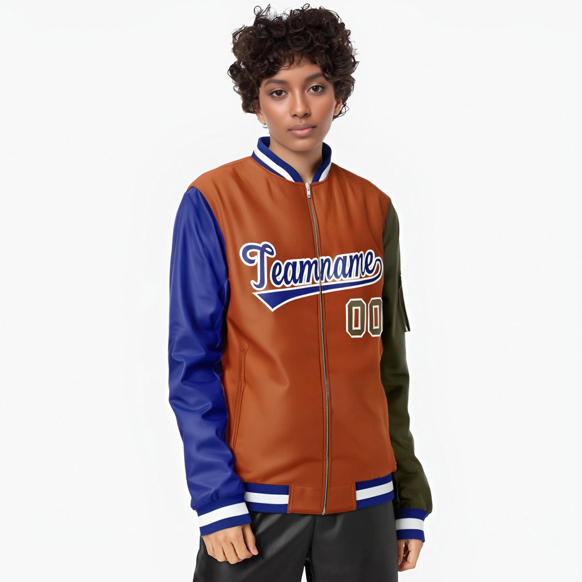 Custom Munsell Olive-Royal Blue Varsity Full-Zip Raglan Sleeves Letterman Bomber Jacket
