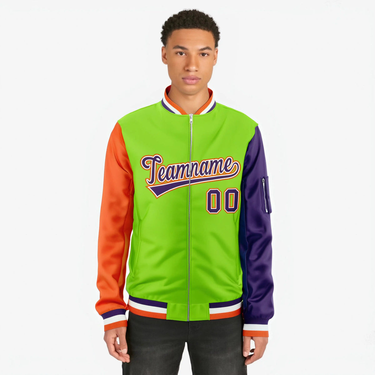 Custom Neon Green Purple-Orange Varsity Full-Zip Raglan Sleeves Letterman Bomber Jacket