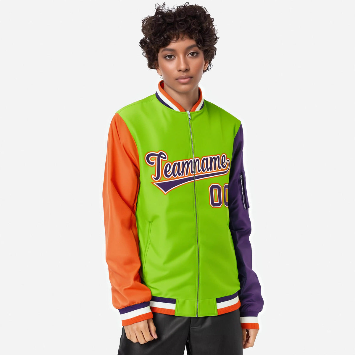 Custom Neon Green Purple-Orange Varsity Full-Zip Raglan Sleeves Letterman Bomber Jacket
