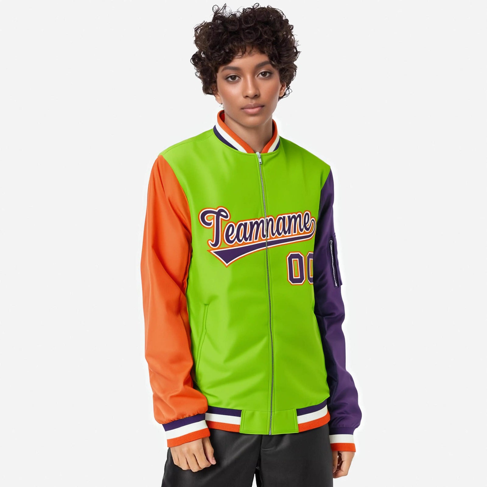 Custom Neon Green Purple-Orange Varsity Full-Zip Raglan Sleeves Letterman Bomber Jacket