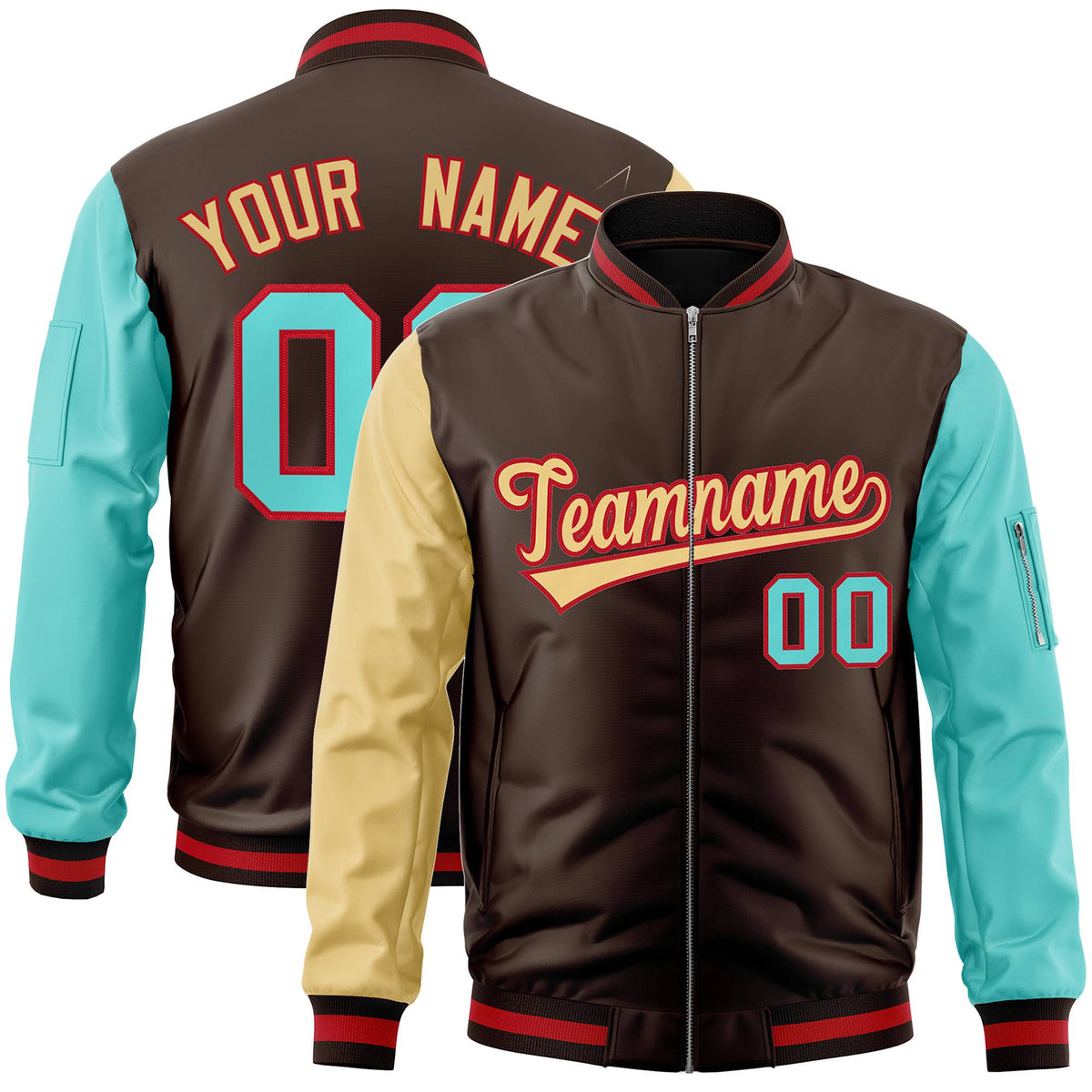 Custom Brown Aqua-Old Gold Varsity Full-Zip Raglan Sleeves Letterman Bomber Jacket