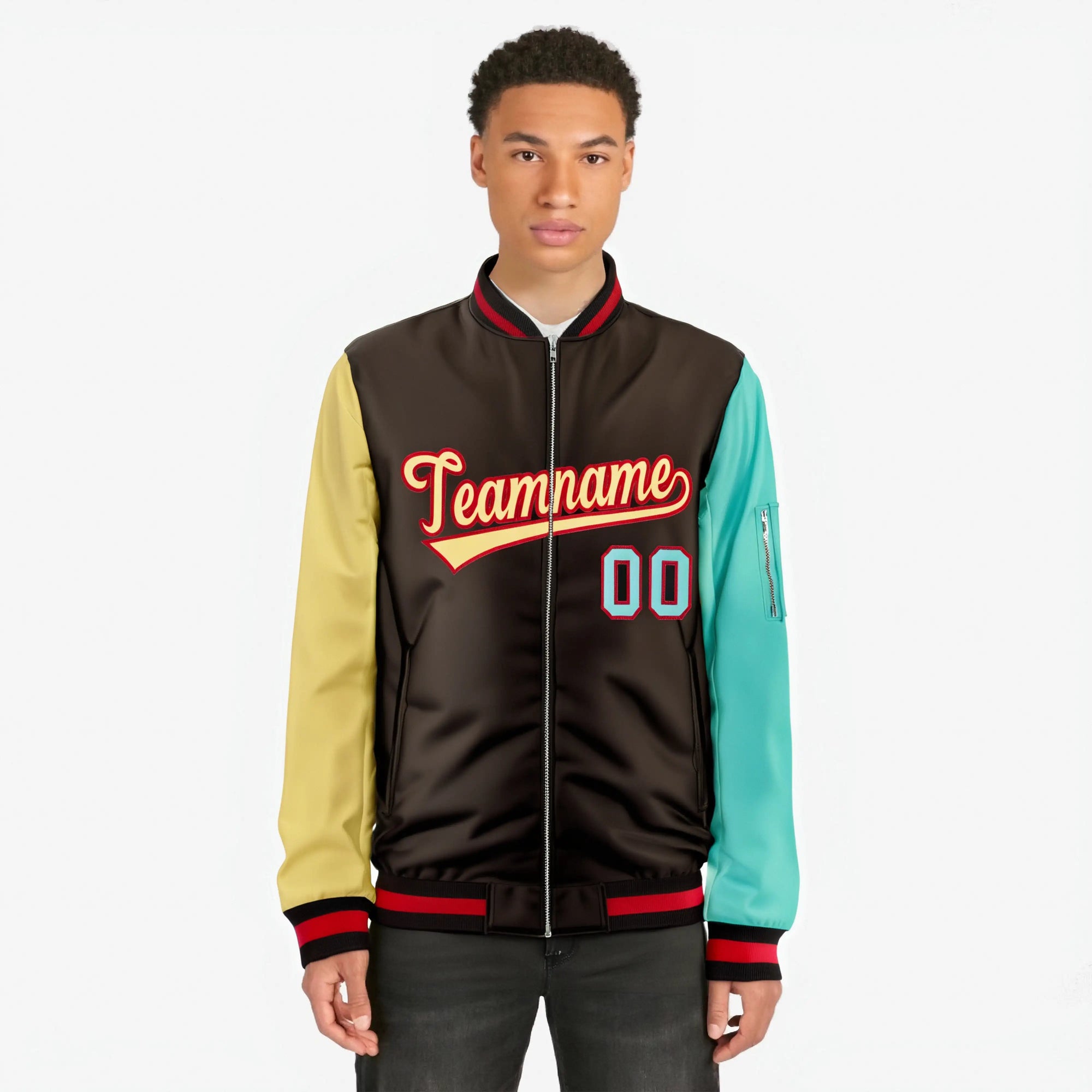 Custom Brown Aqua-Old Gold Varsity Full-Zip Raglan Sleeves Letterman Bomber Jacket