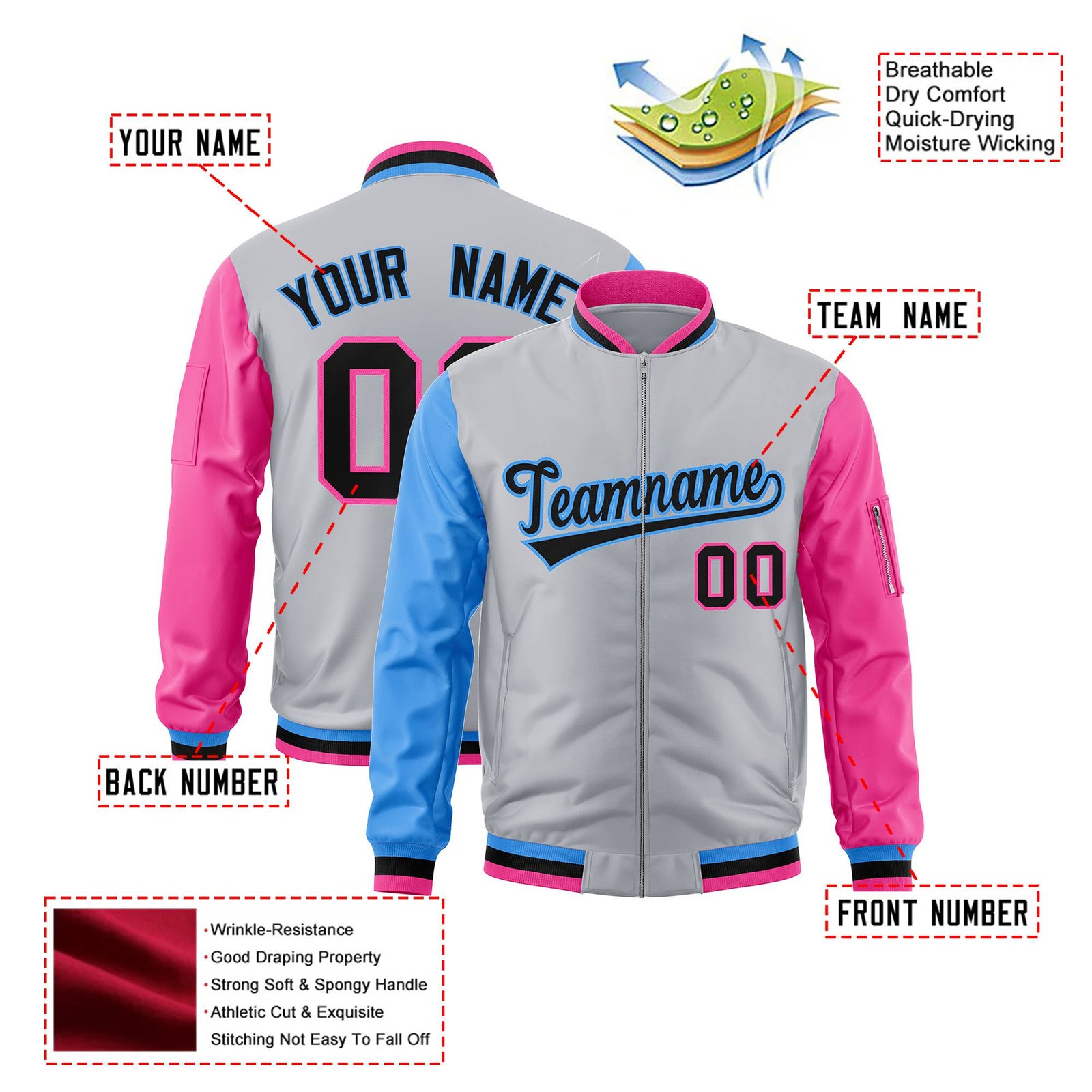 Custom Gray Pink-Royal Blue Varsity Full-Zip Raglan Sleeves Letterman Bomber Jacket