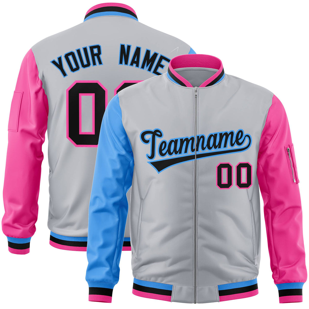 Custom Gray Pink-Royal Blue Varsity Full-Zip Raglan Sleeves Letterman Bomber Jacket