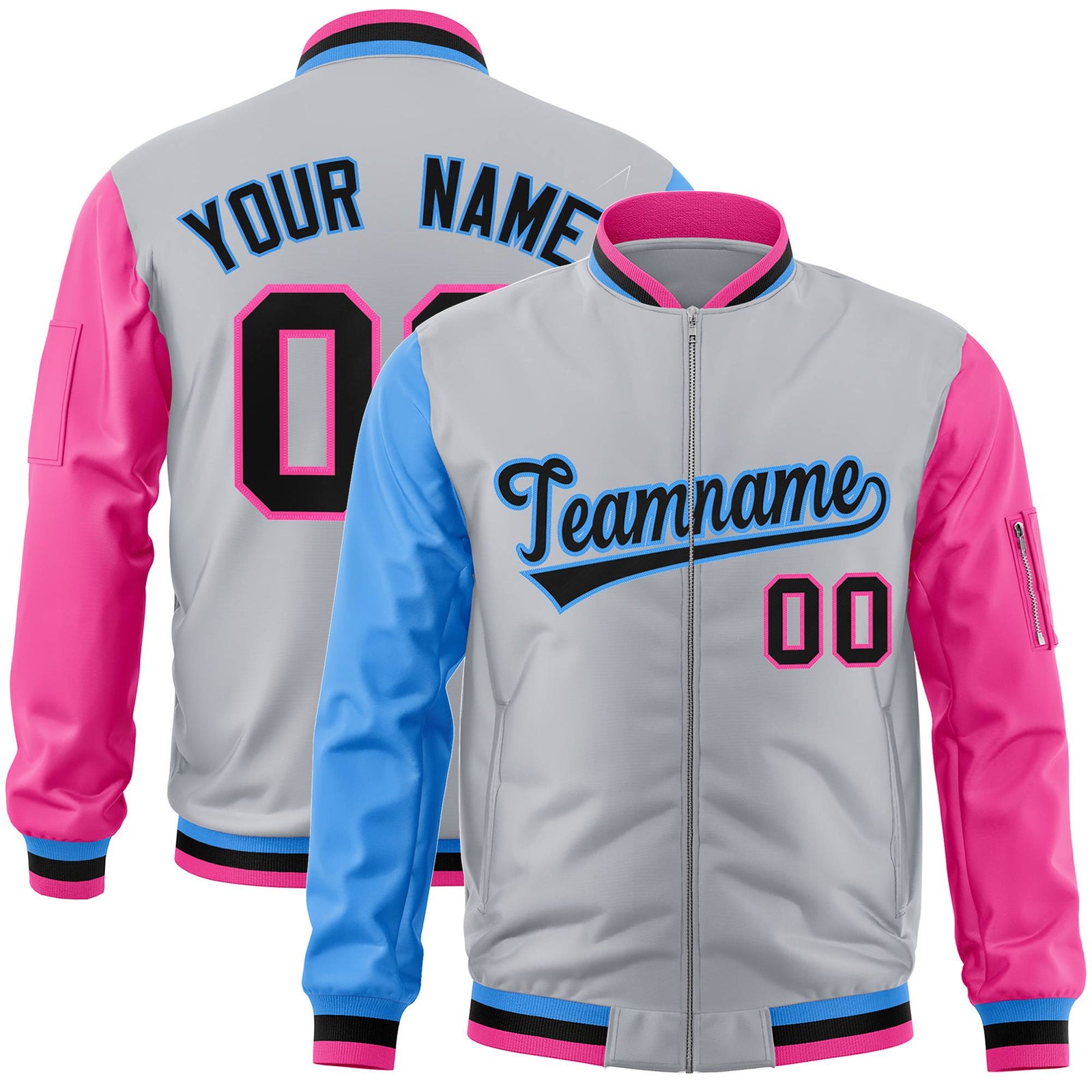 Custom Gray Pink-Royal Blue Varsity Full-Zip Raglan Sleeves Letterman Bomber Jacket