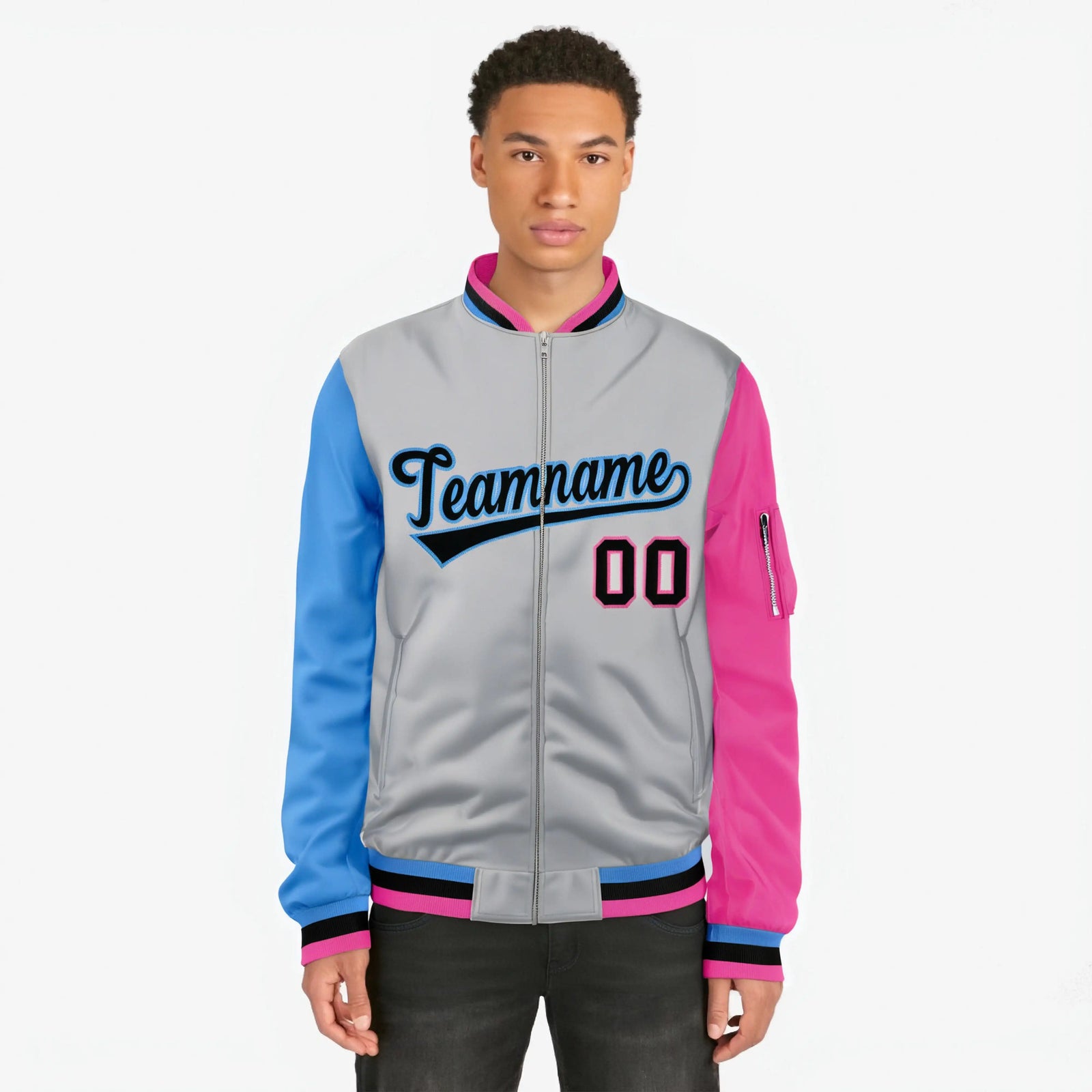Custom Gray Pink-Royal Blue Varsity Full-Zip Raglan Sleeves Letterman Bomber Jacket