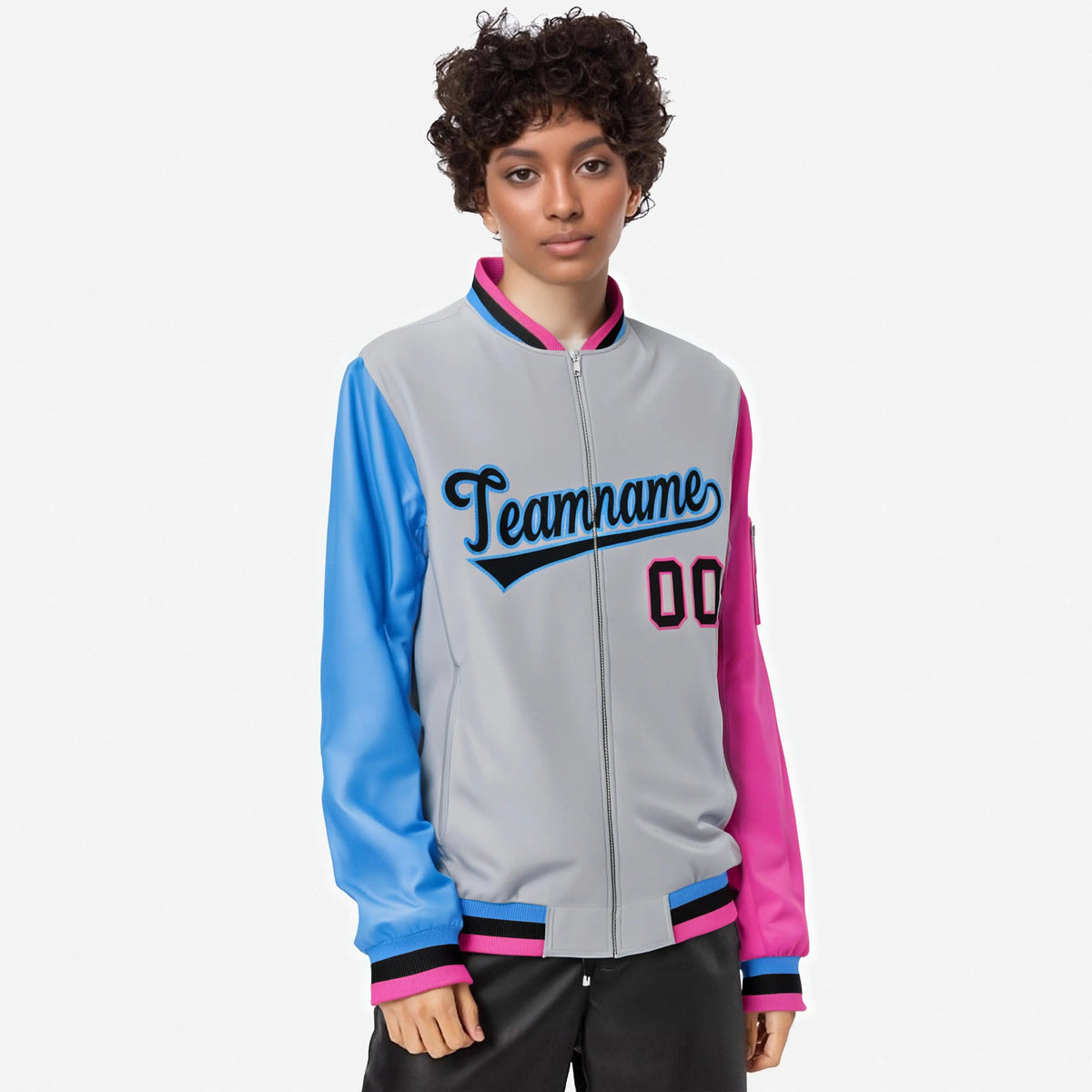 Custom Gray Pink-Royal Blue Varsity Full-Zip Raglan Sleeves Letterman Bomber Jacket
