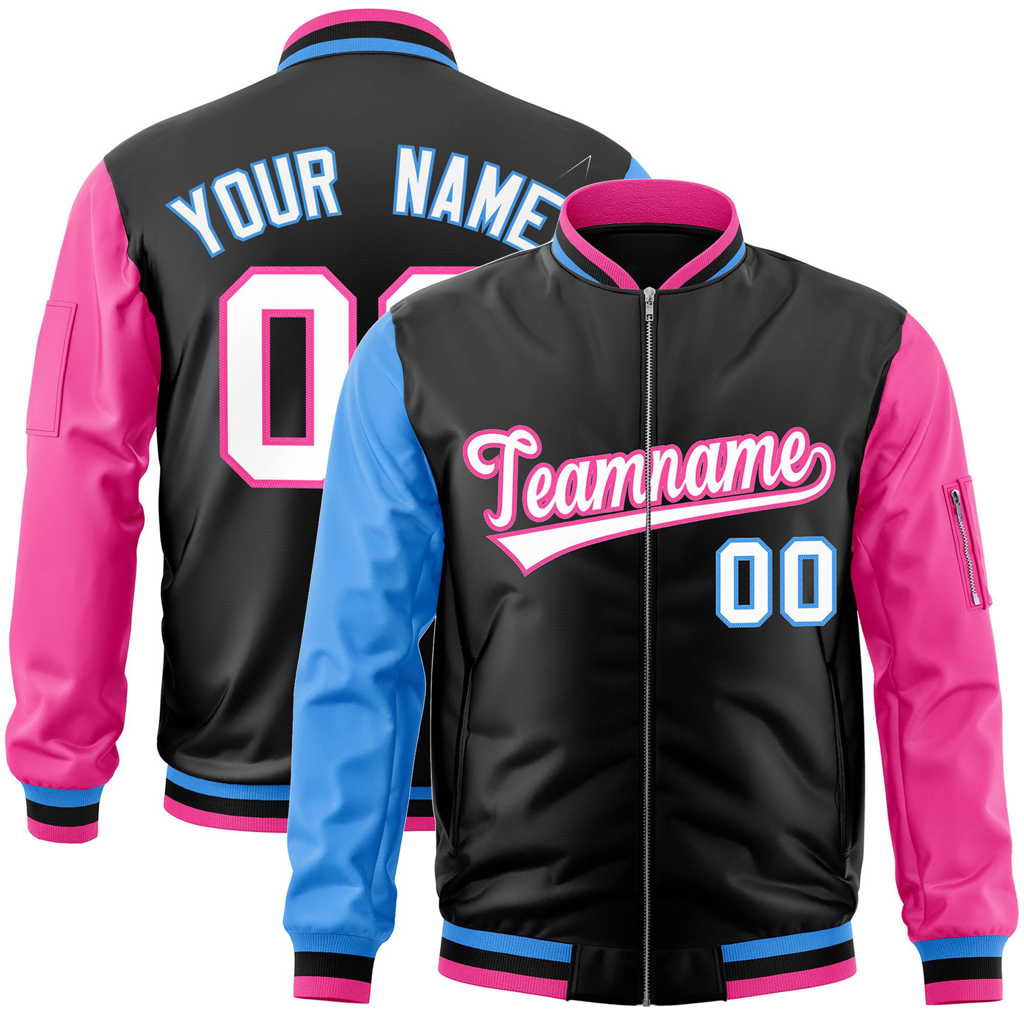 Custom Black Pink-Royal Blue Varsity Full-Zip Raglan Sleeves Letterman Bomber Jacket