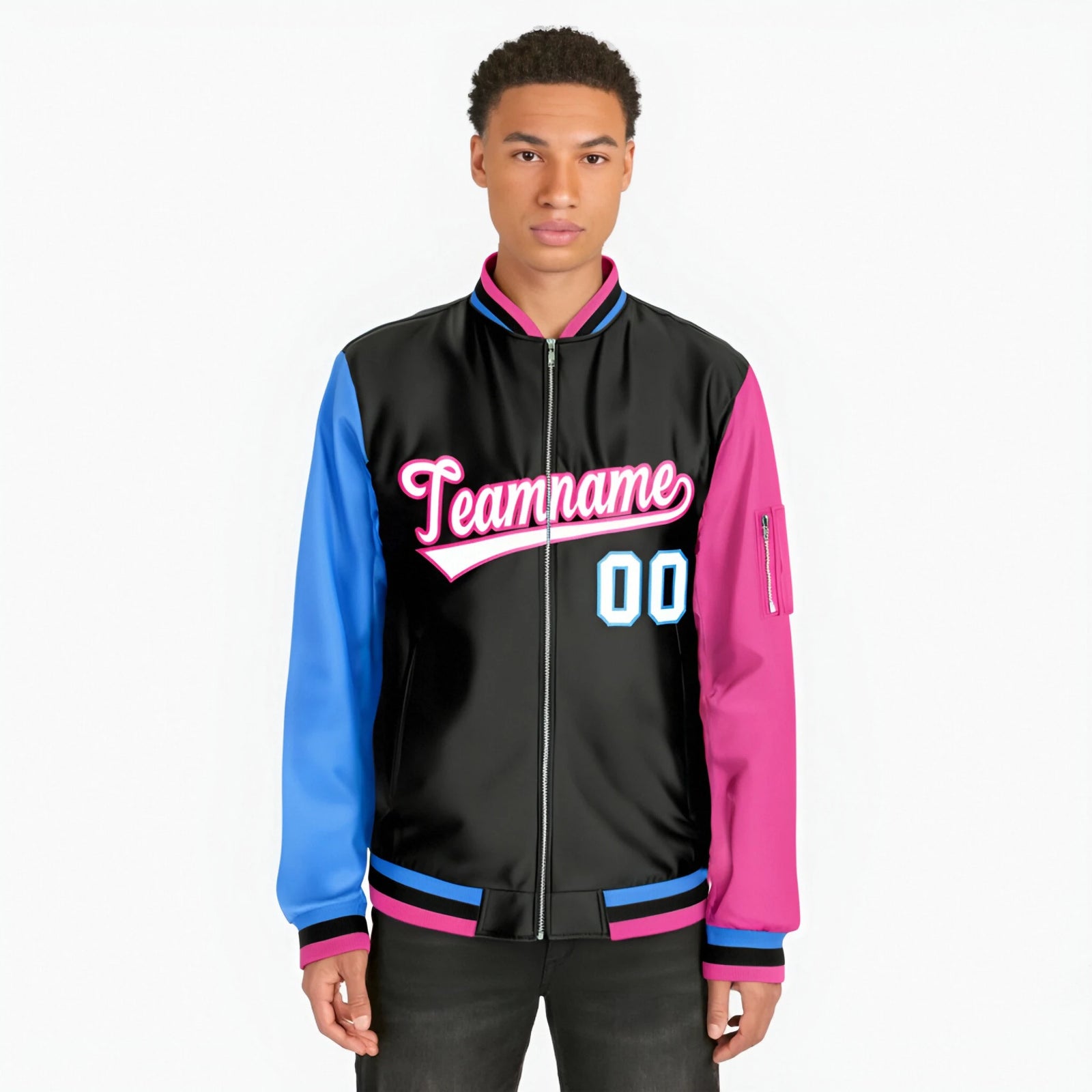 Custom Black Pink-Royal Blue Varsity Full-Zip Raglan Sleeves Letterman Bomber Jacket