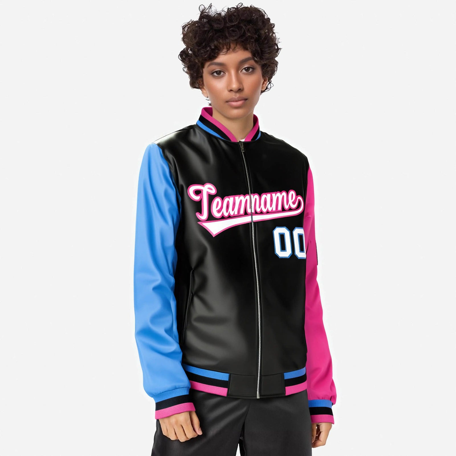 Custom Black Pink-Royal Blue Varsity Full-Zip Raglan Sleeves Letterman Bomber Jacket