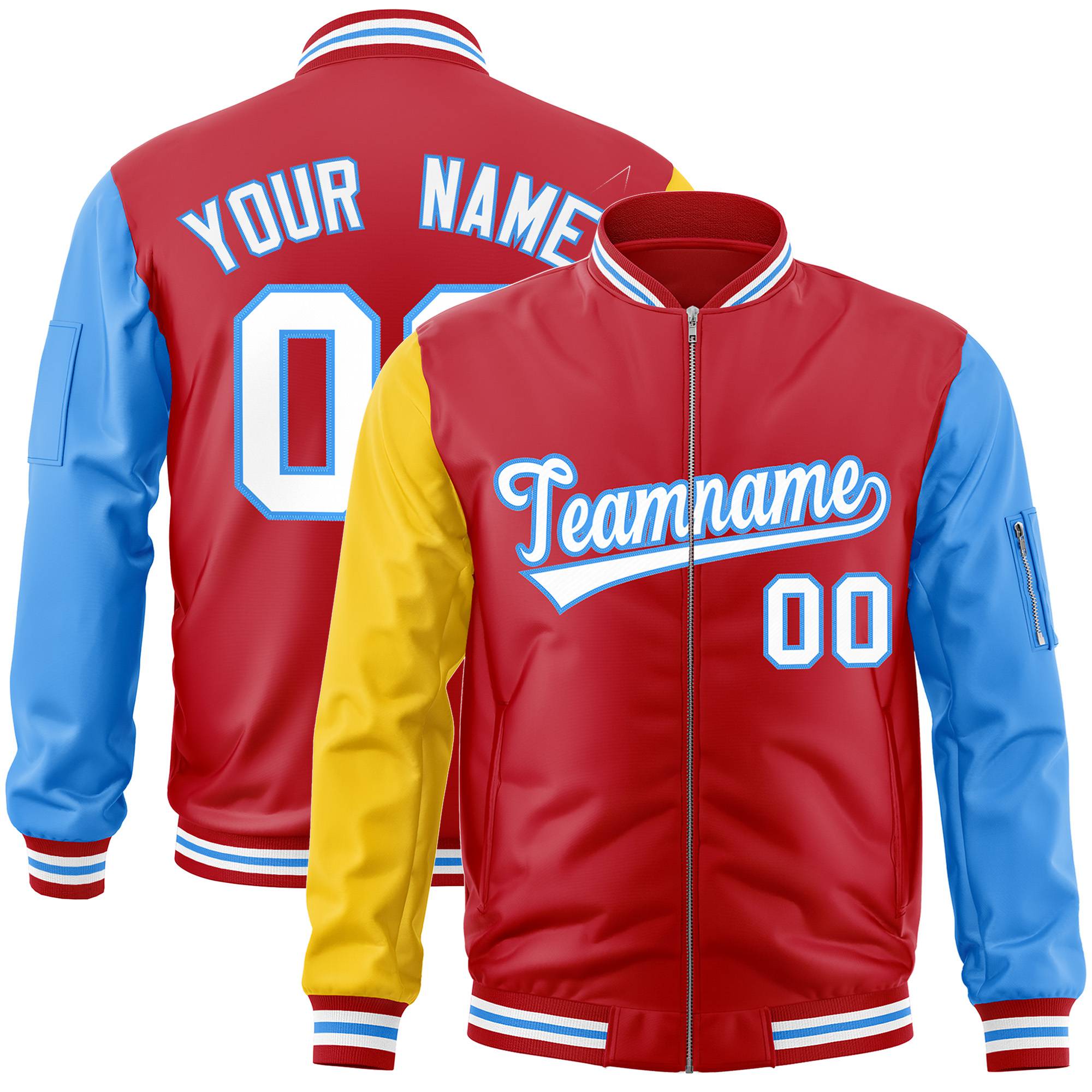 Custom Red Royal Blue-Gold Varsity Full-Zip Raglan Sleeves Letterman Bomber Jacket