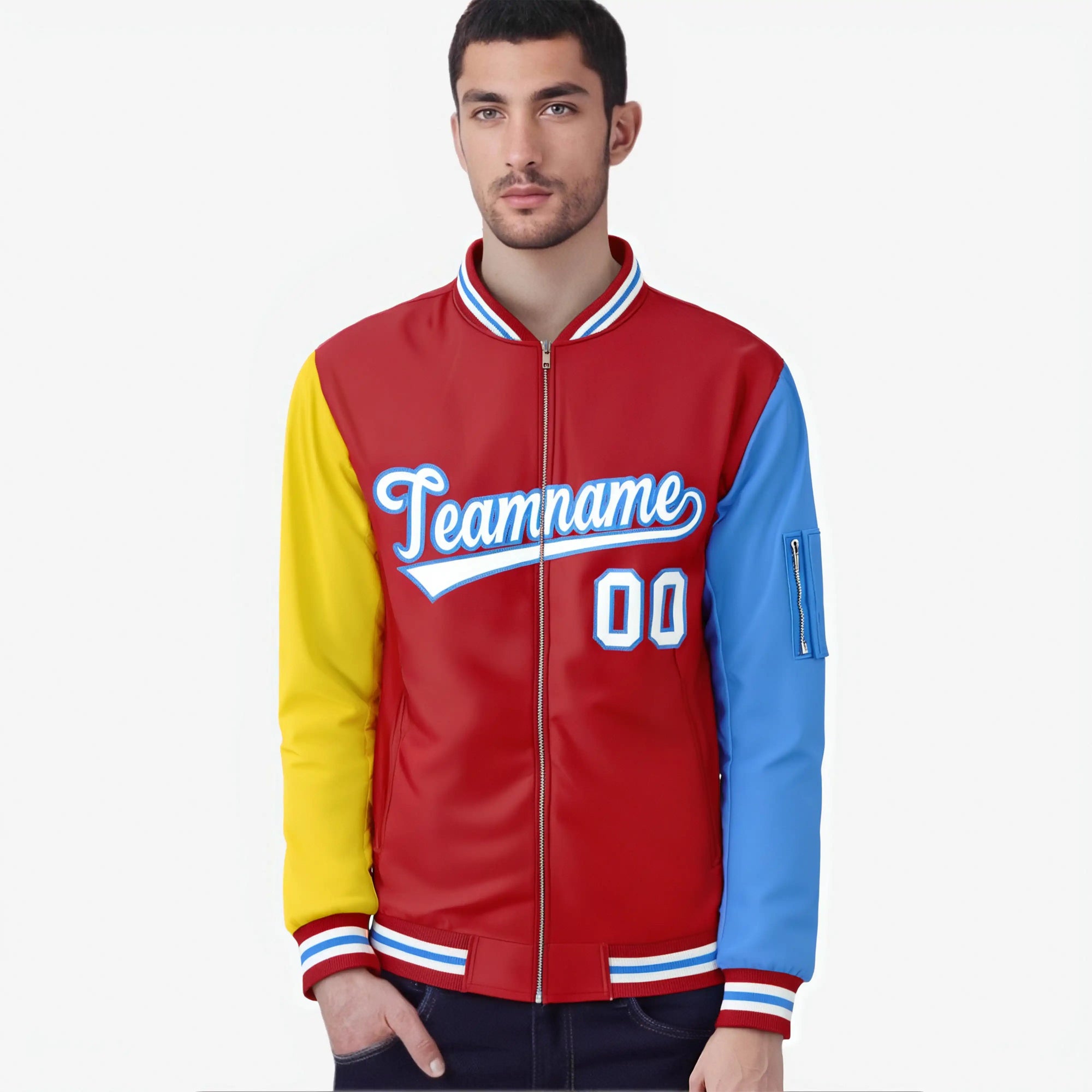 Custom Red Royal Blue-Gold Varsity Full-Zip Raglan Sleeves Letterman Bomber Jacket