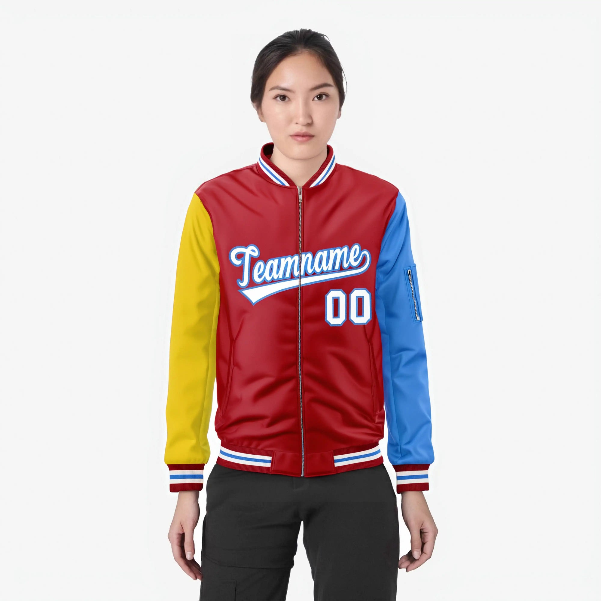 Custom Red Royal Blue-Gold Varsity Full-Zip Raglan Sleeves Letterman Bomber Jacket