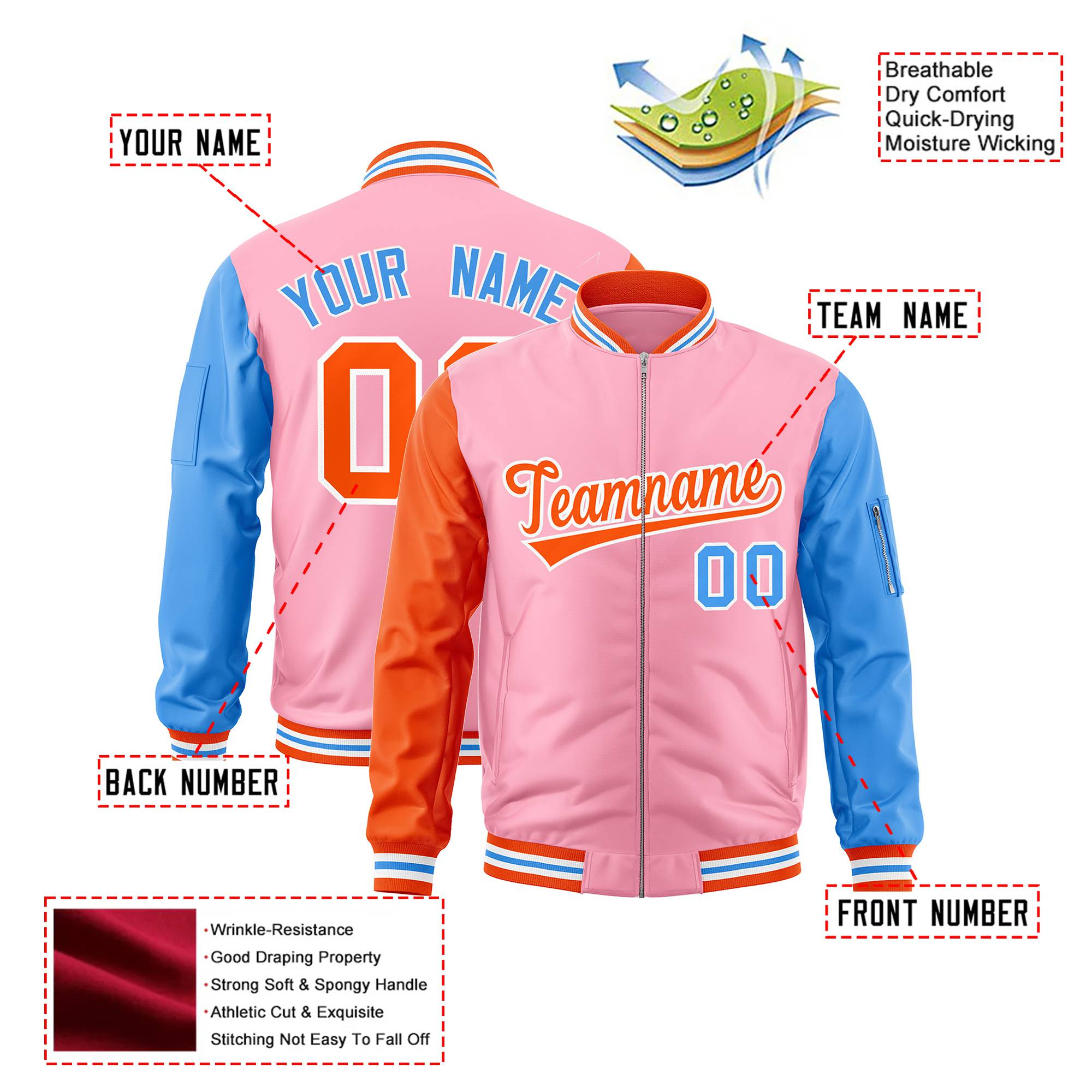 Custom Light Pink Royal Blue-Orange Varsity Full-Zip Raglan Sleeves Letterman Bomber Jacket